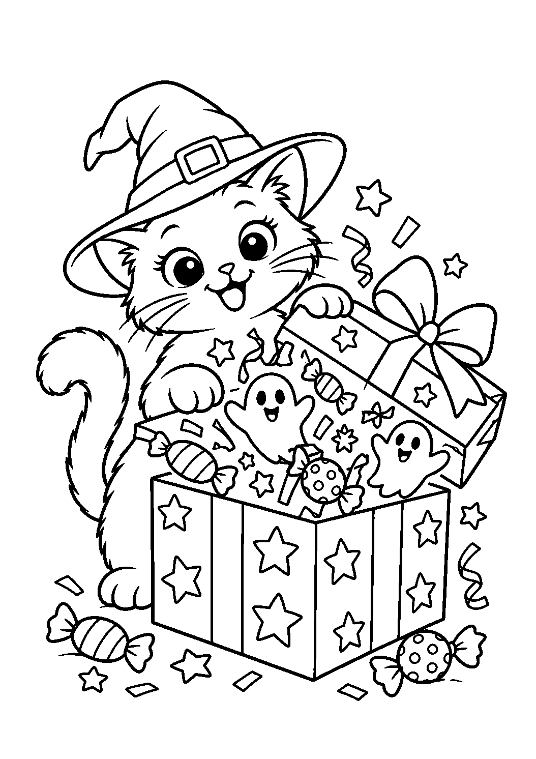 Chat noir ouvrant une boîte remplie de fantômes et bonbons à colorier