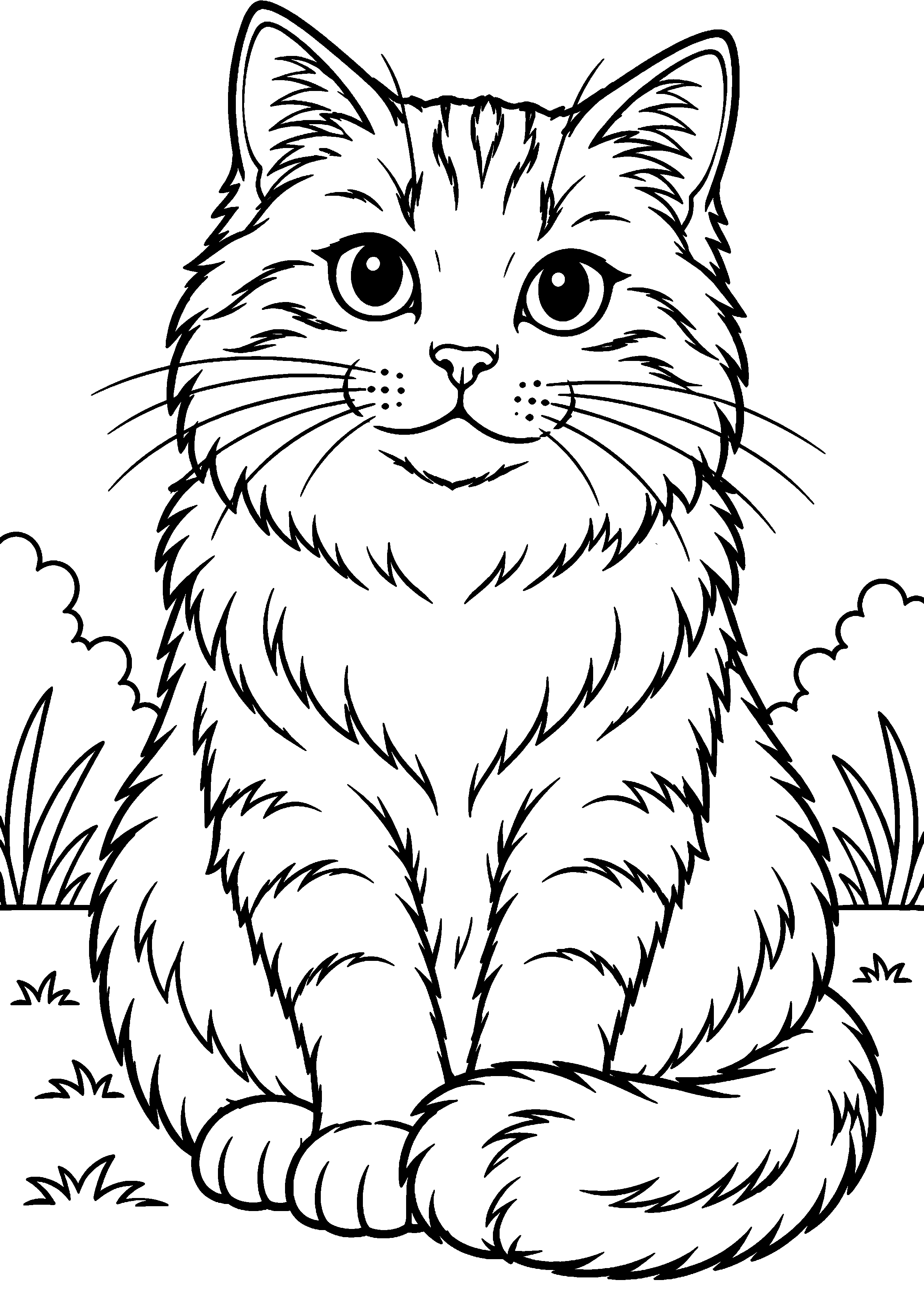 Coloriage représentant grand chat assis de face la queue autour des pattes en grand sur une page A4