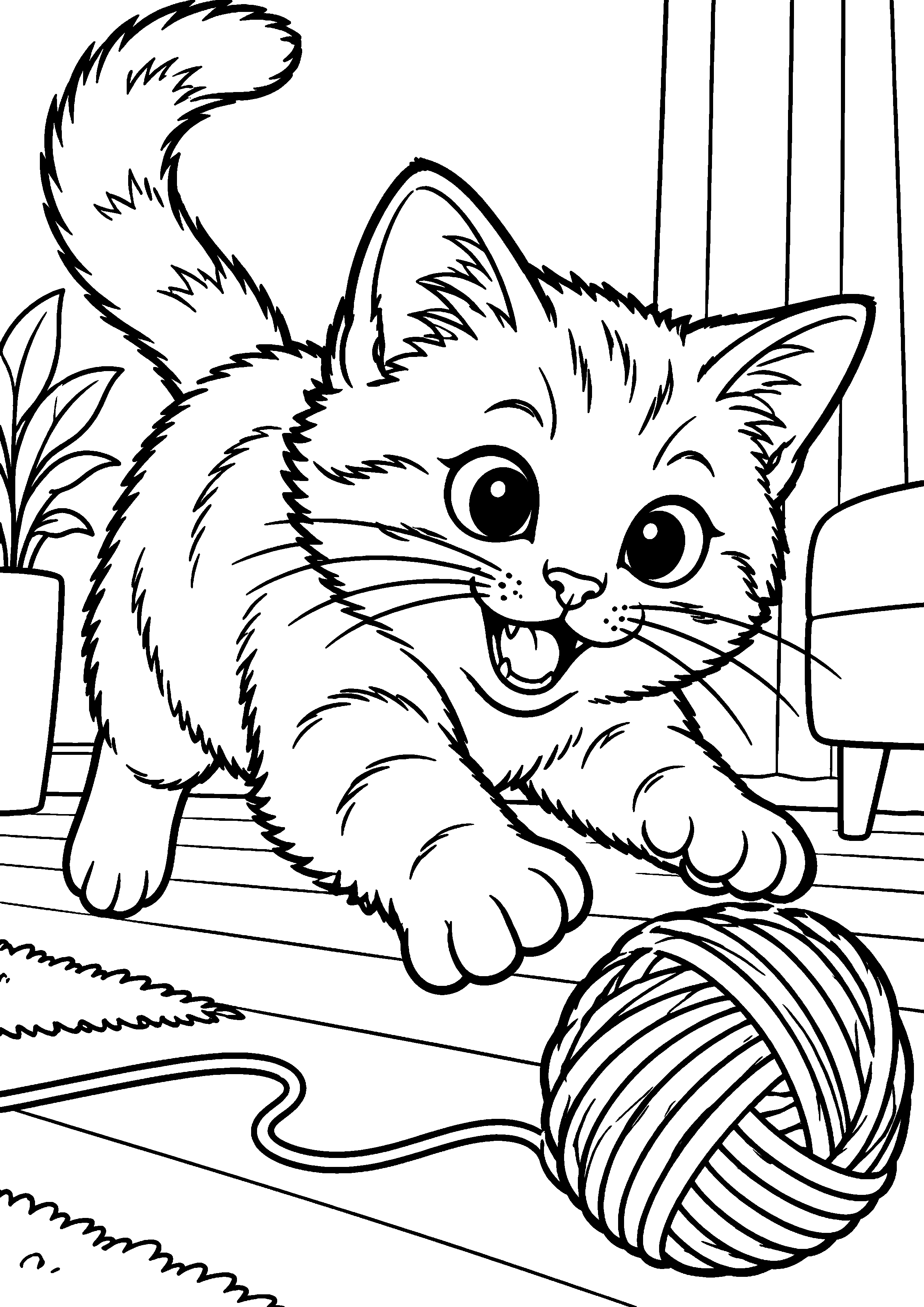 Coloriage représentant chat joueur bondissant après une pelote en grand sur une page A4