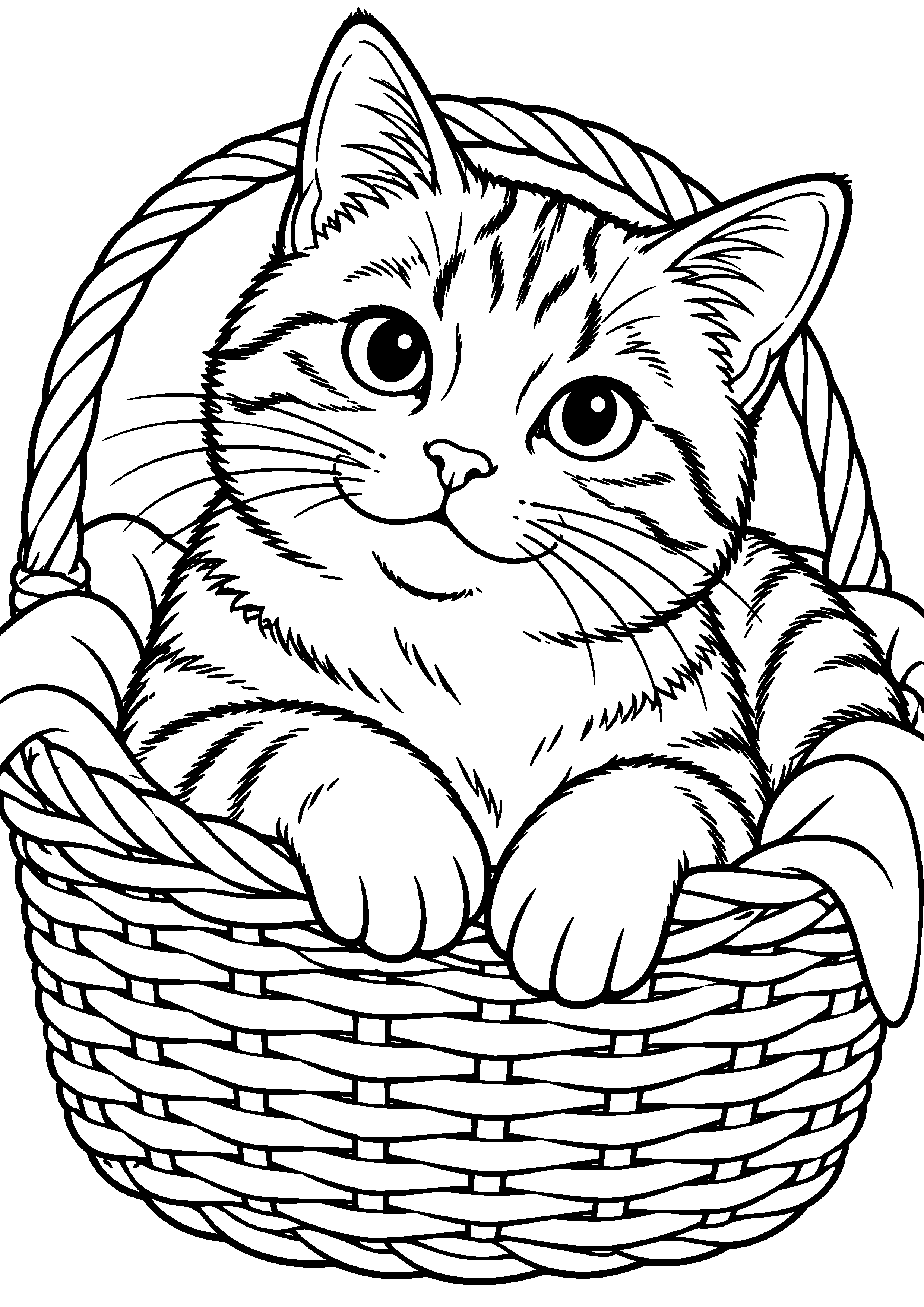 Coloriage représentant chat dans un panier tressé en grand sur une page A4