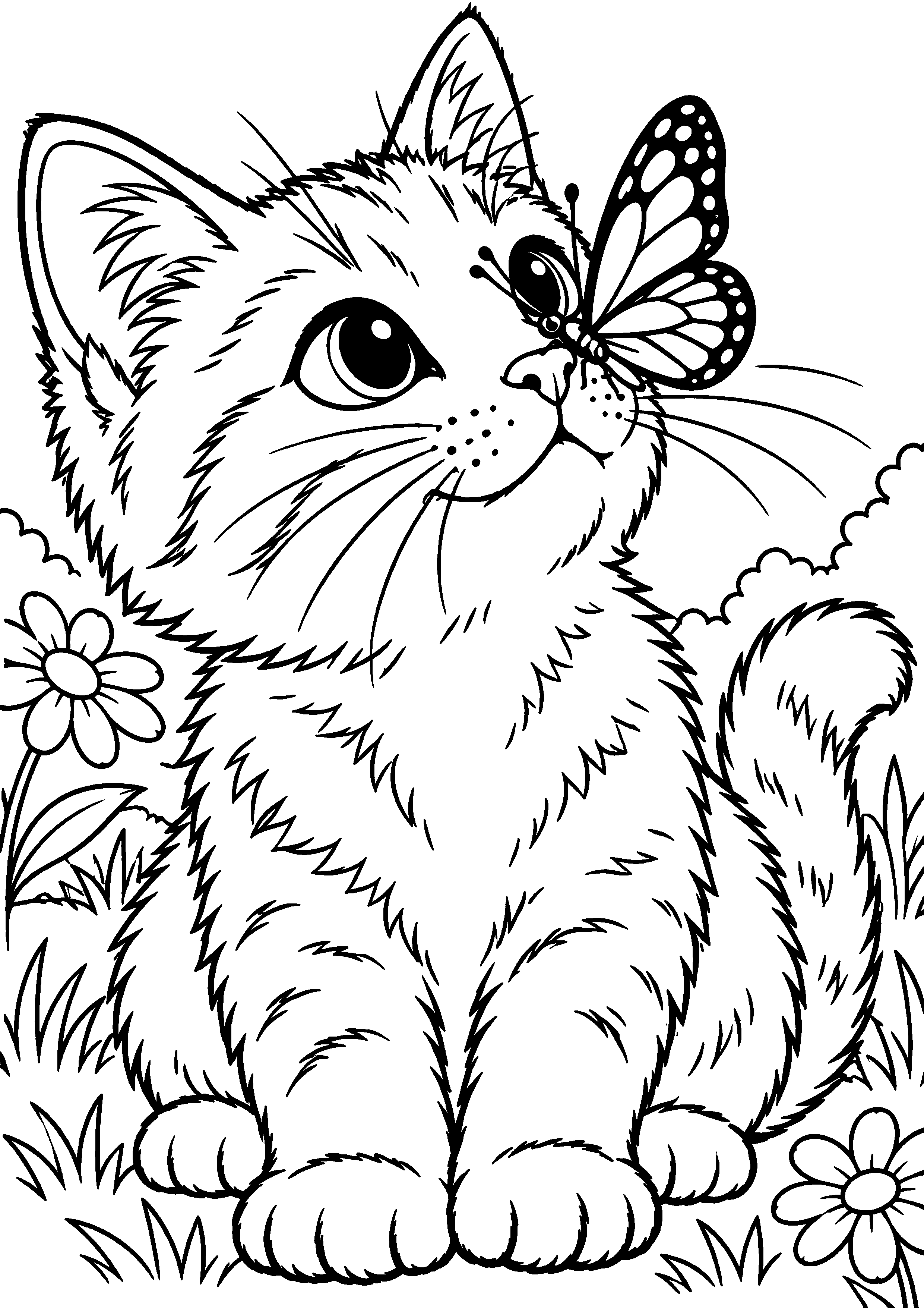 Coloriage représentant chat regardant un papillon posé sur son nez en grand sur une page A4