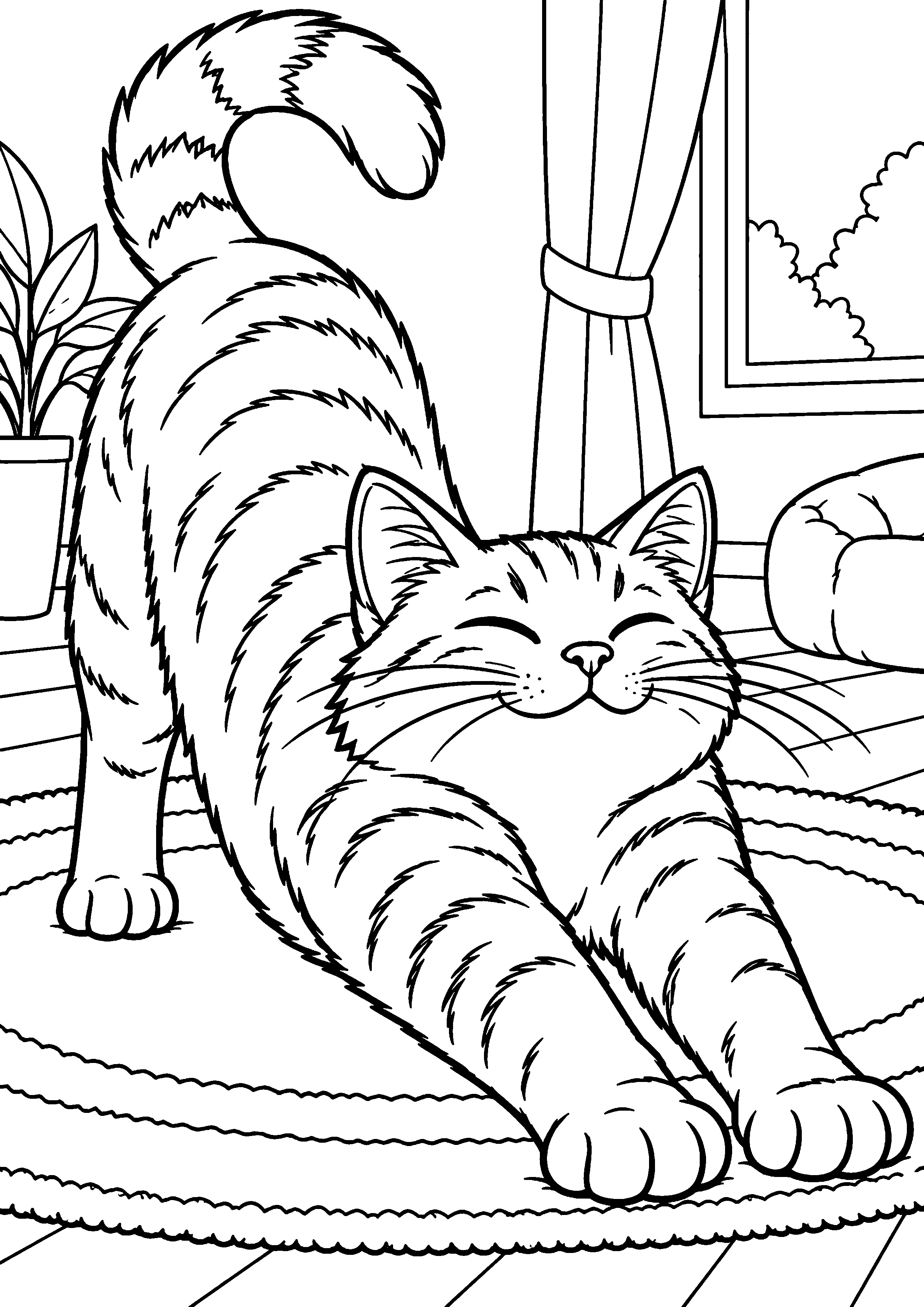 Coloriage représentant chat étiré au réveil sur un tapis en grand sur une page A4