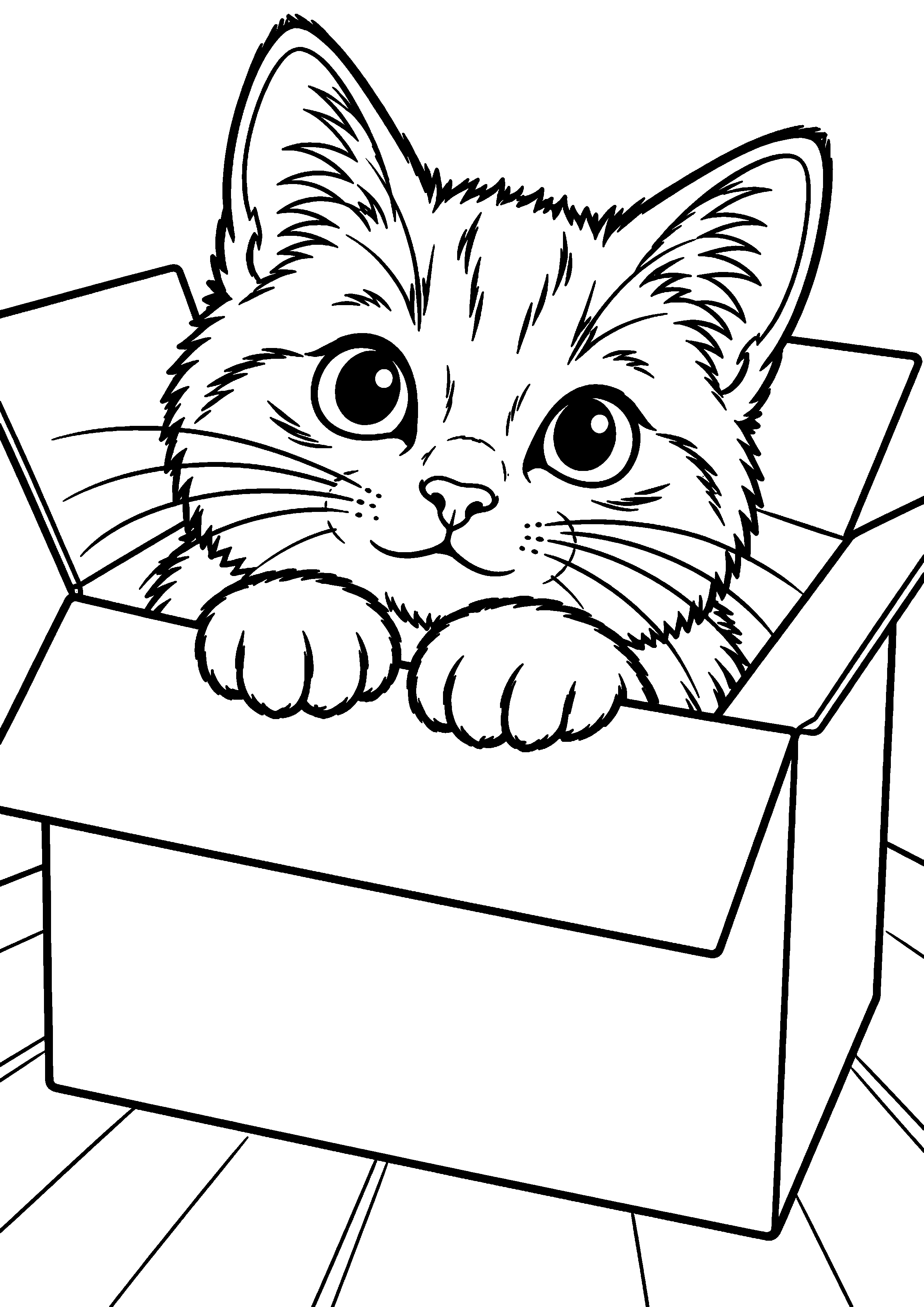 Coloriage représentant chat caché dans une boîte en carton en grand sur une page A4