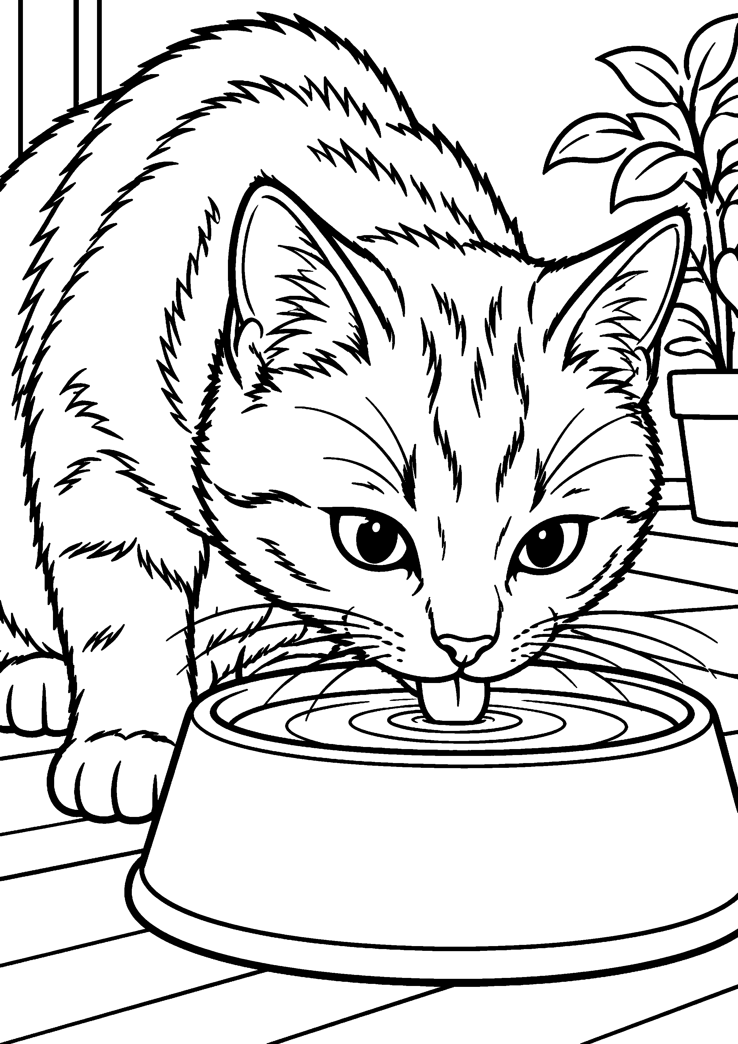 Coloriage représentant chat buvant dans une grande écuelle en grand sur une page A4