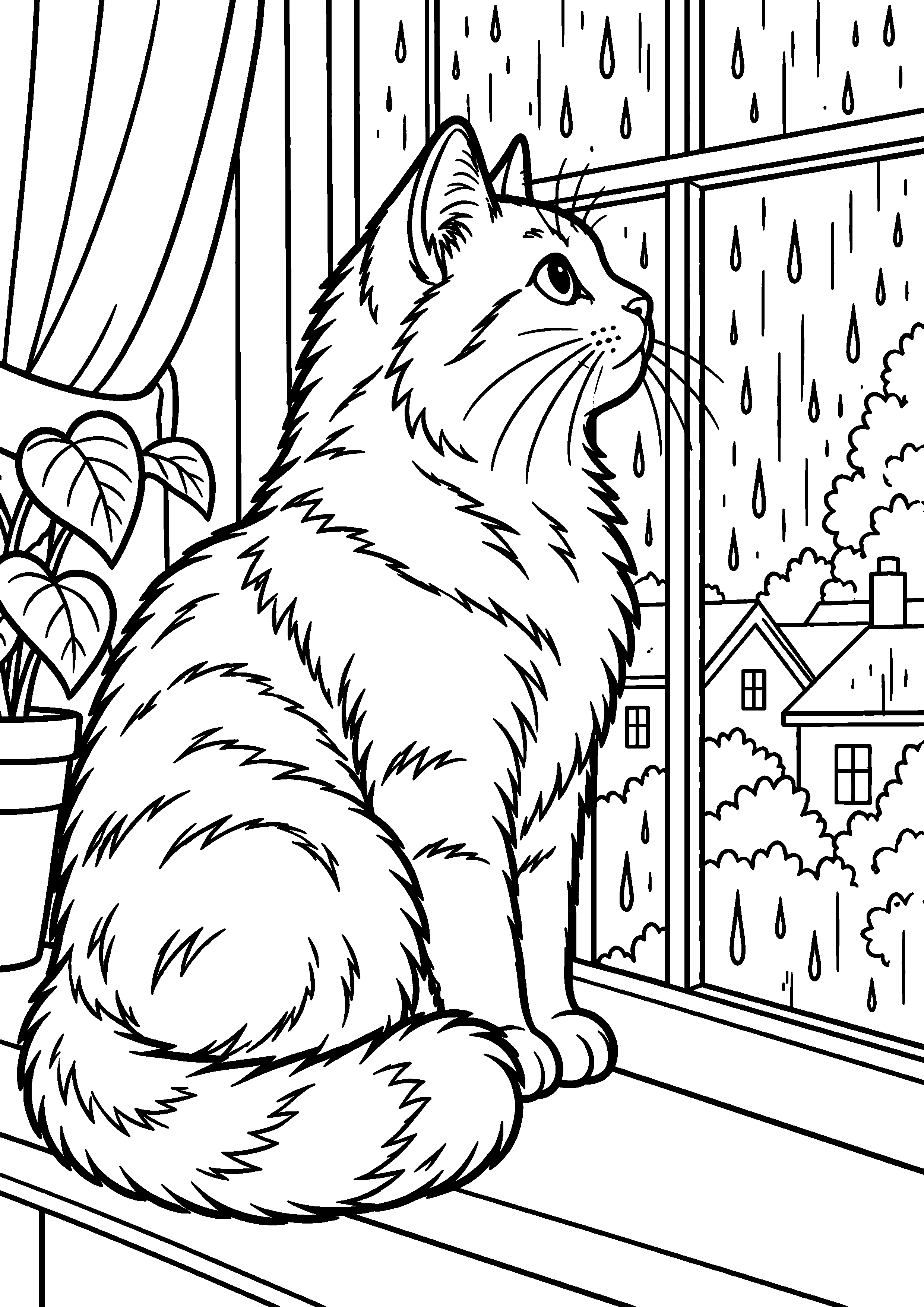 Coloriage représentant chat à la fenêtre observant la pluie en grand sur une page A4