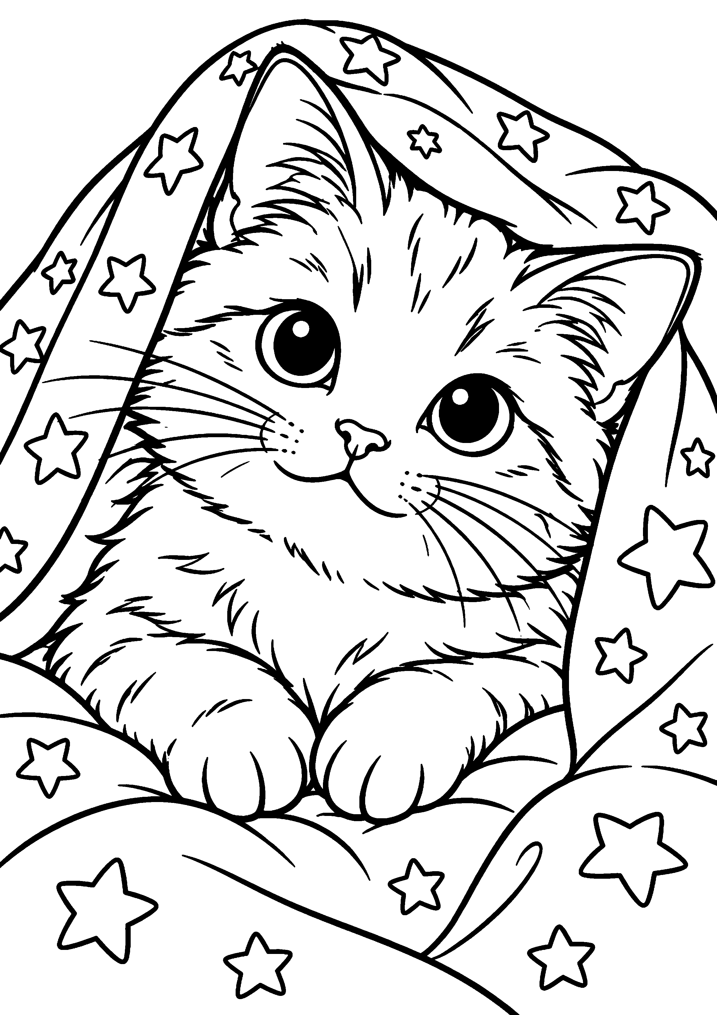 Coloriage représentant chat sous une couverture étoilée en grand sur une page A4