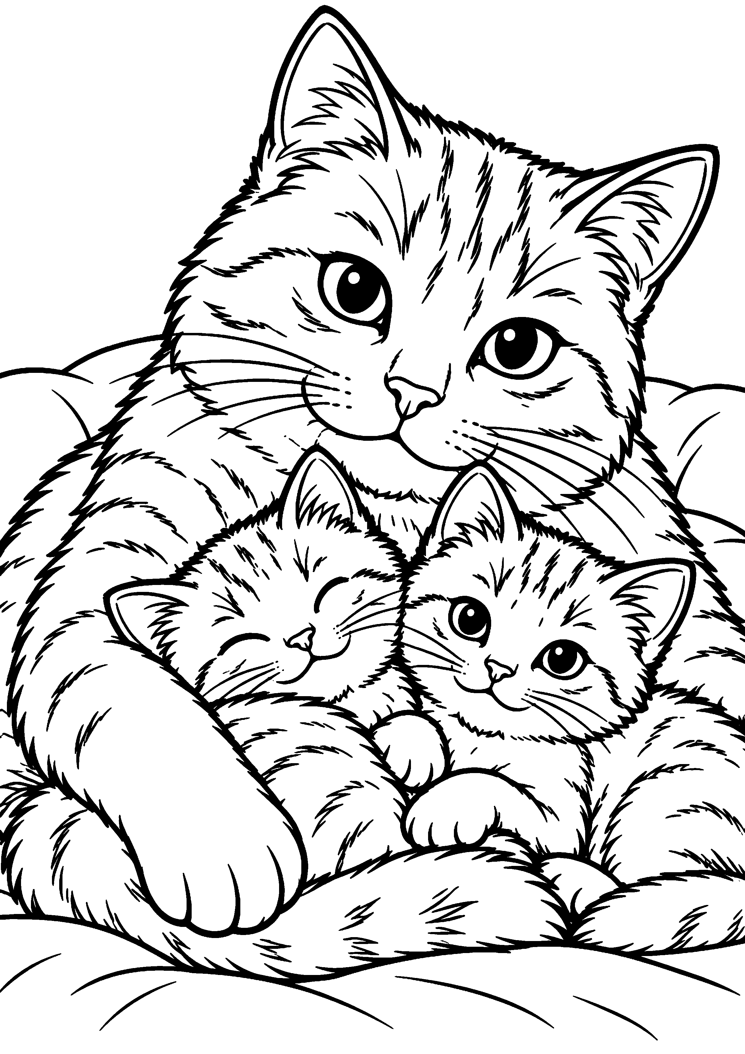 Coloriage représentant maman chatte avec deux chatons blottis en grand sur une page A4