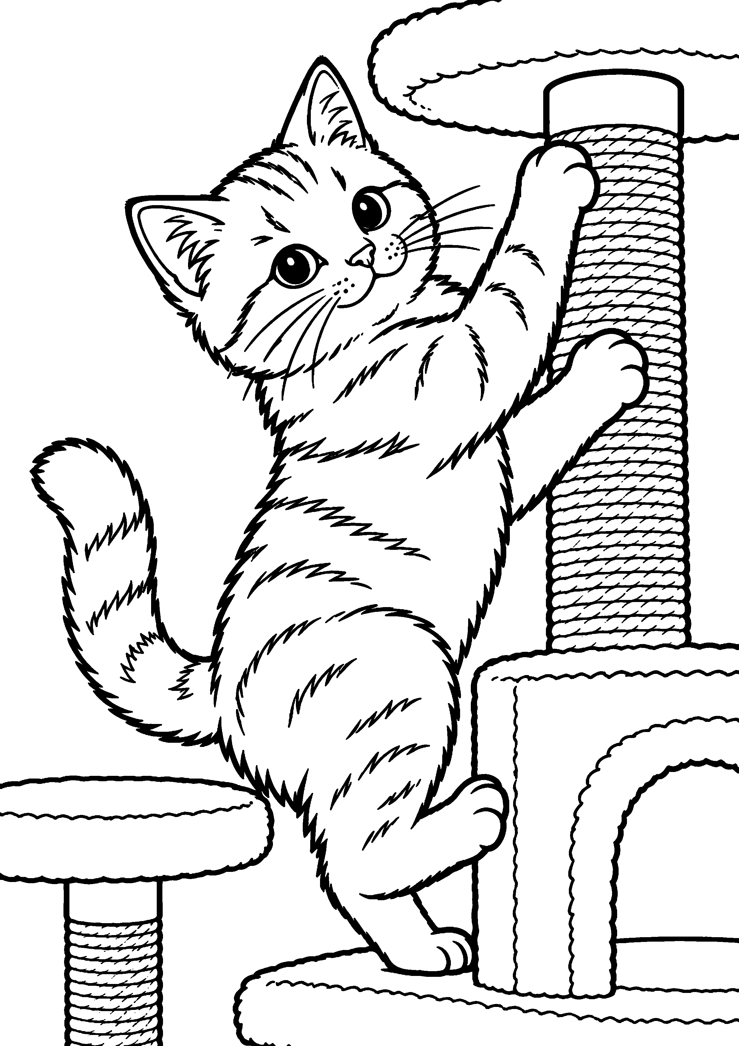 Coloriage représentant chat grimpant à un arbre à chat en grand sur une page A4