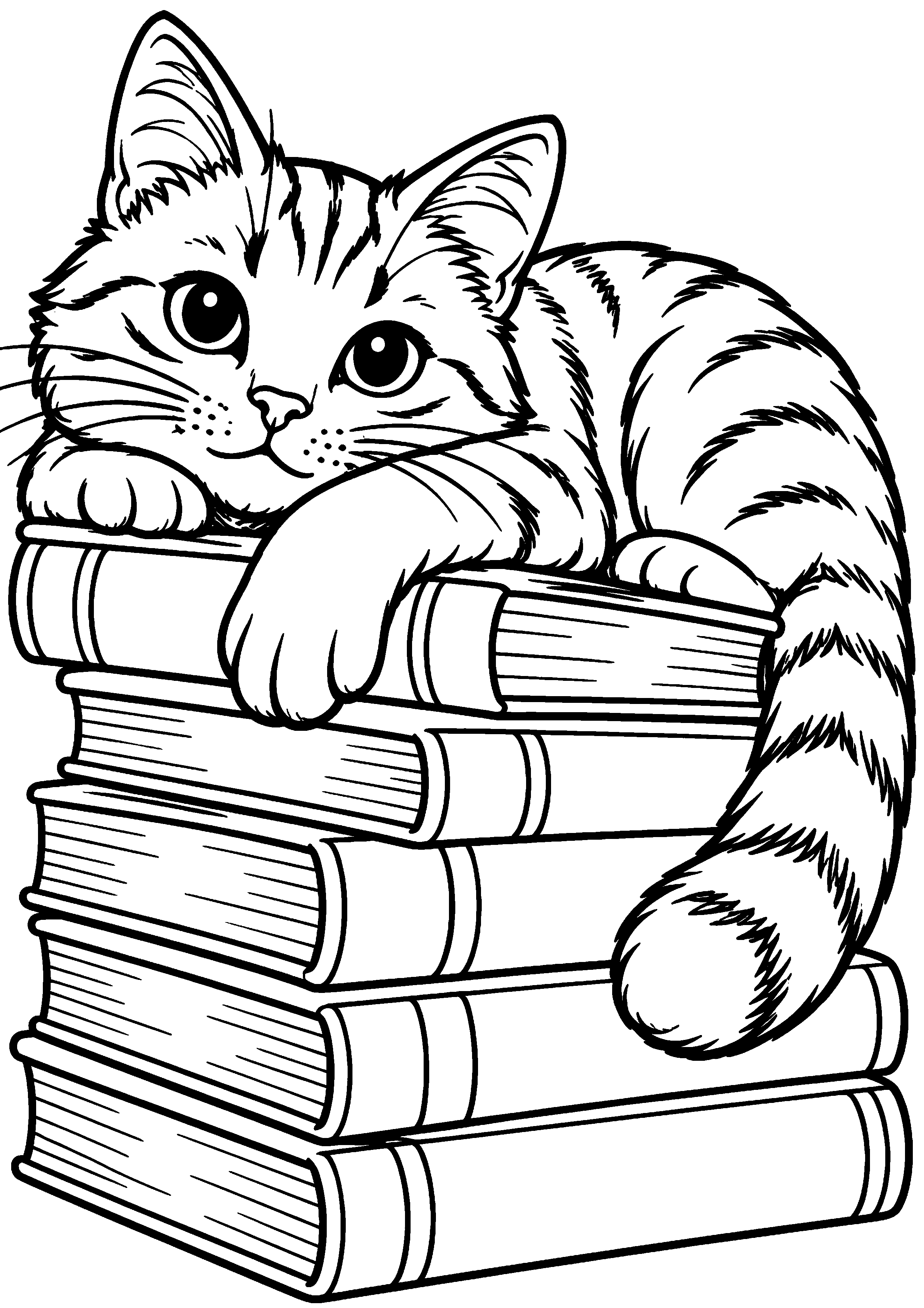 Coloriage représentant chat allongé sur une pile de livres en grand sur une page A4
