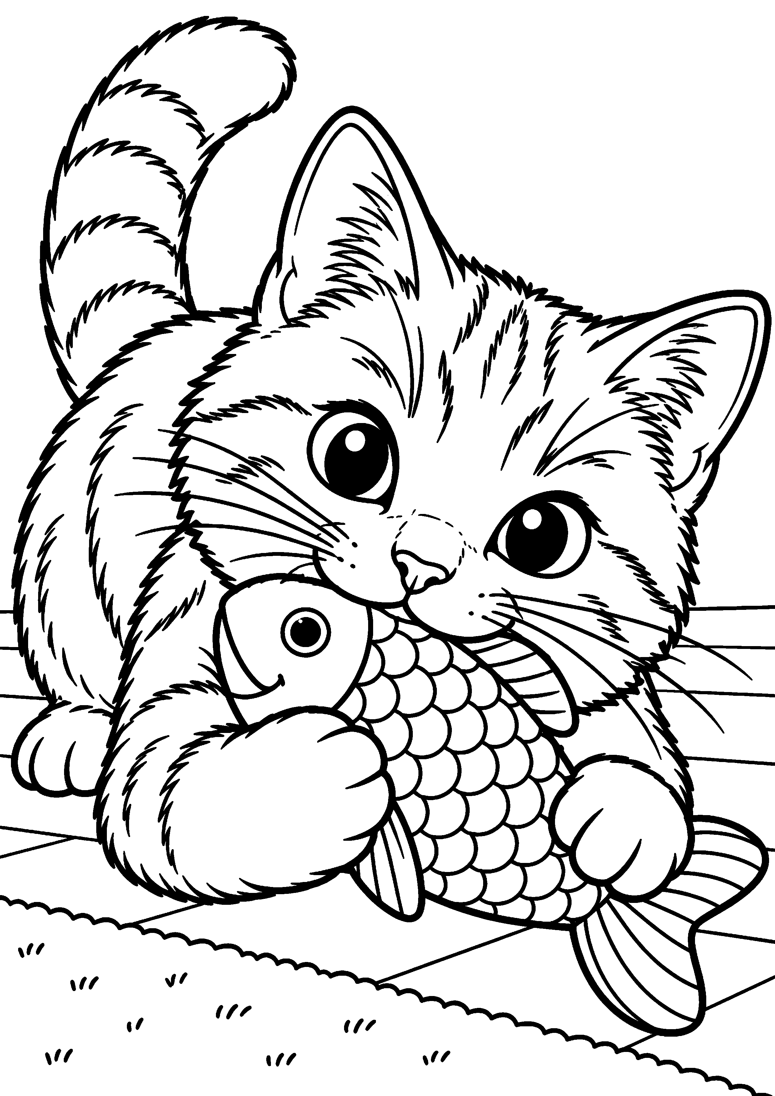 Coloriage représentant chat tenant un poisson jouet en grand sur une page A4