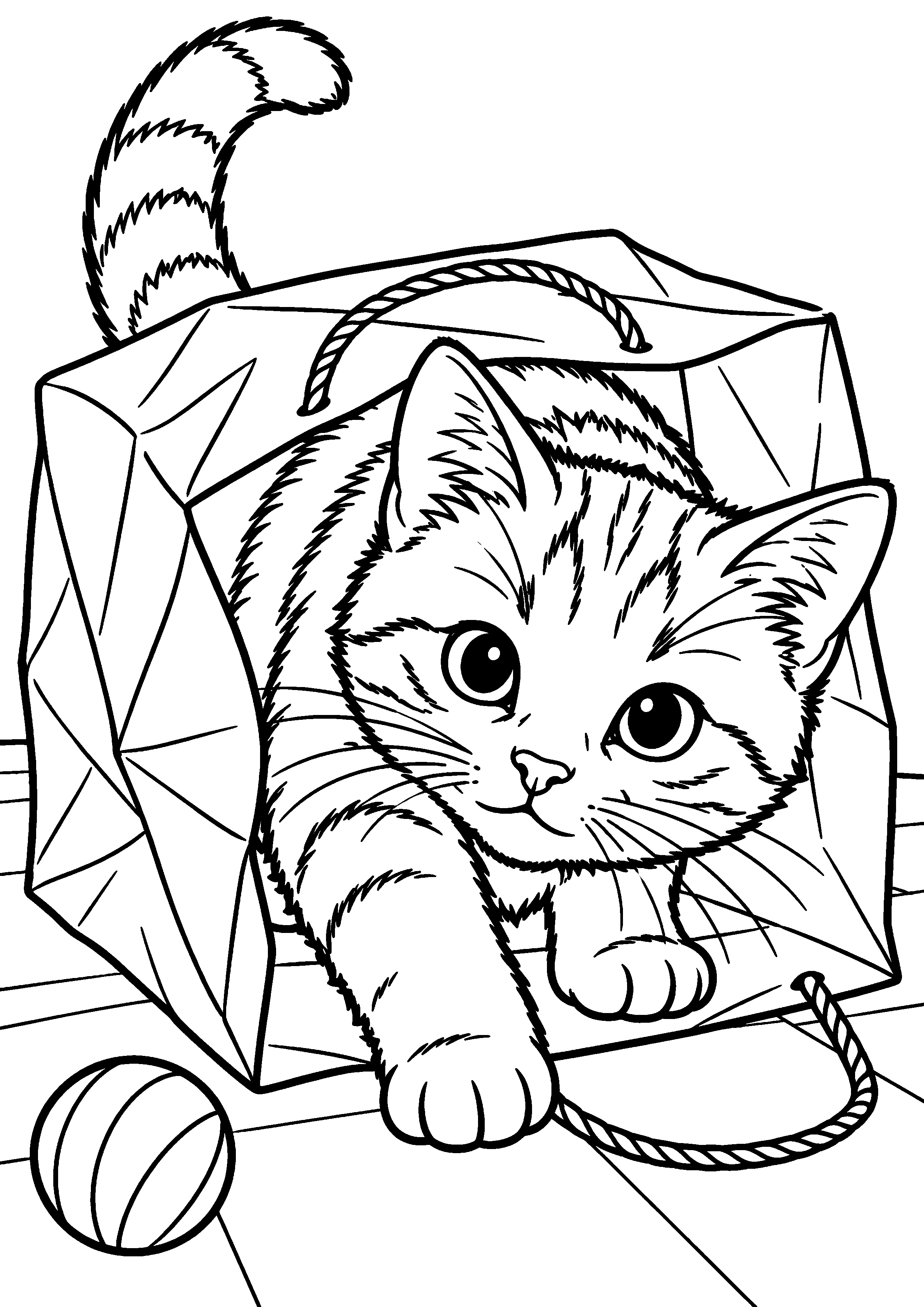Coloriage représentant chat explorant un sac en papier en grand sur une page A4