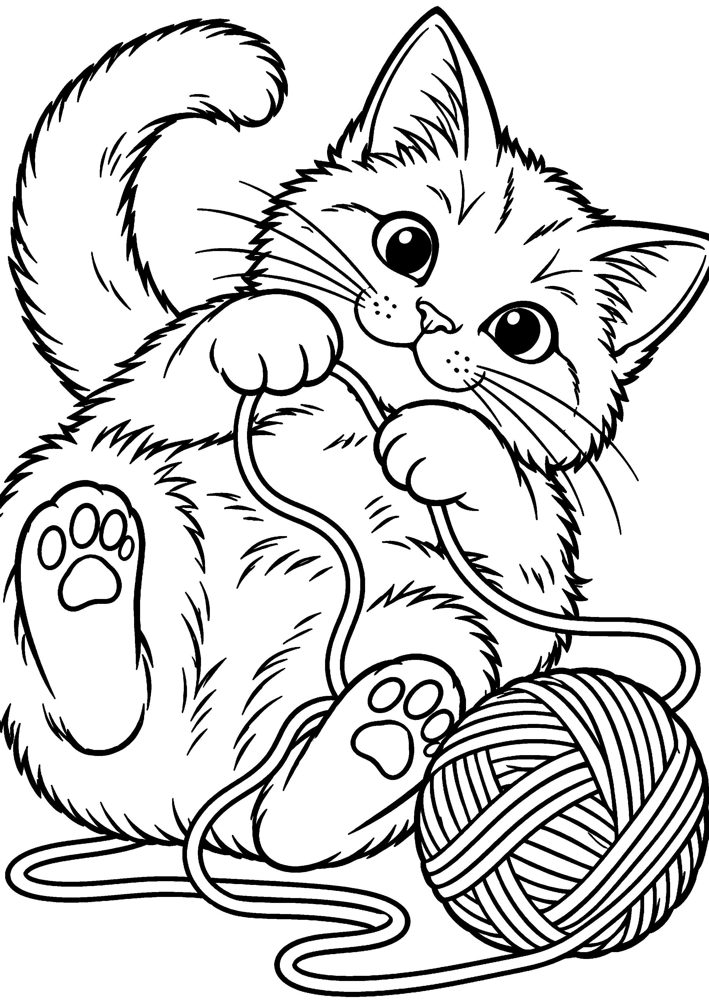 Coloriage représentant chat roulé près d'une pelote déroulée en grand sur une page A4