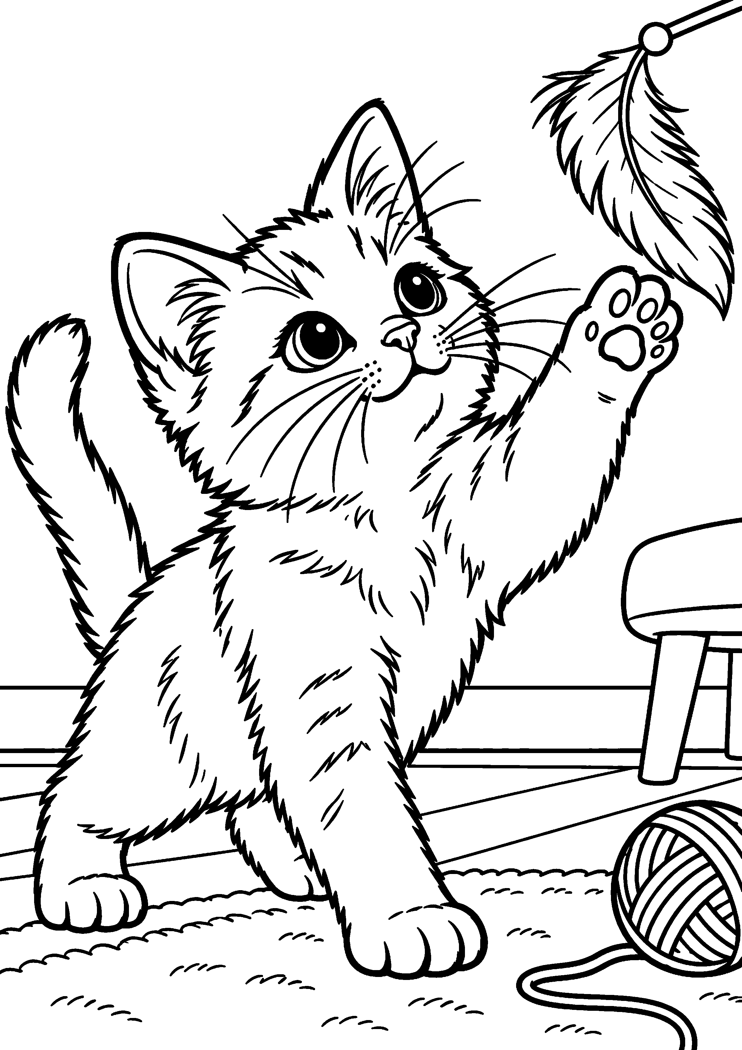 Coloriage représentant chaton levant une patte pour attraper une plume en grand sur une page A4