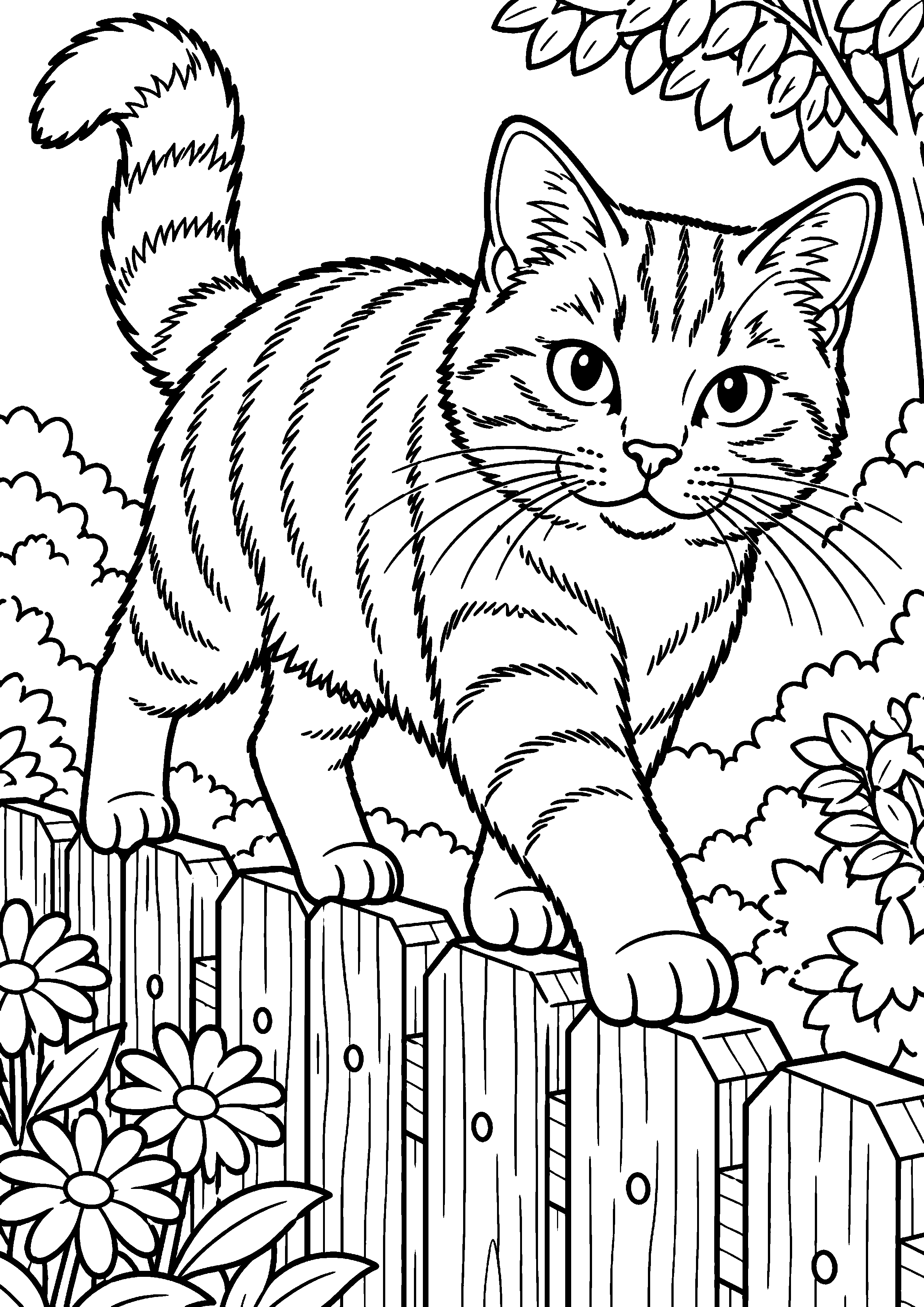 Coloriage représentant chat marchant sur une barrière de jardin en grand sur une page A4