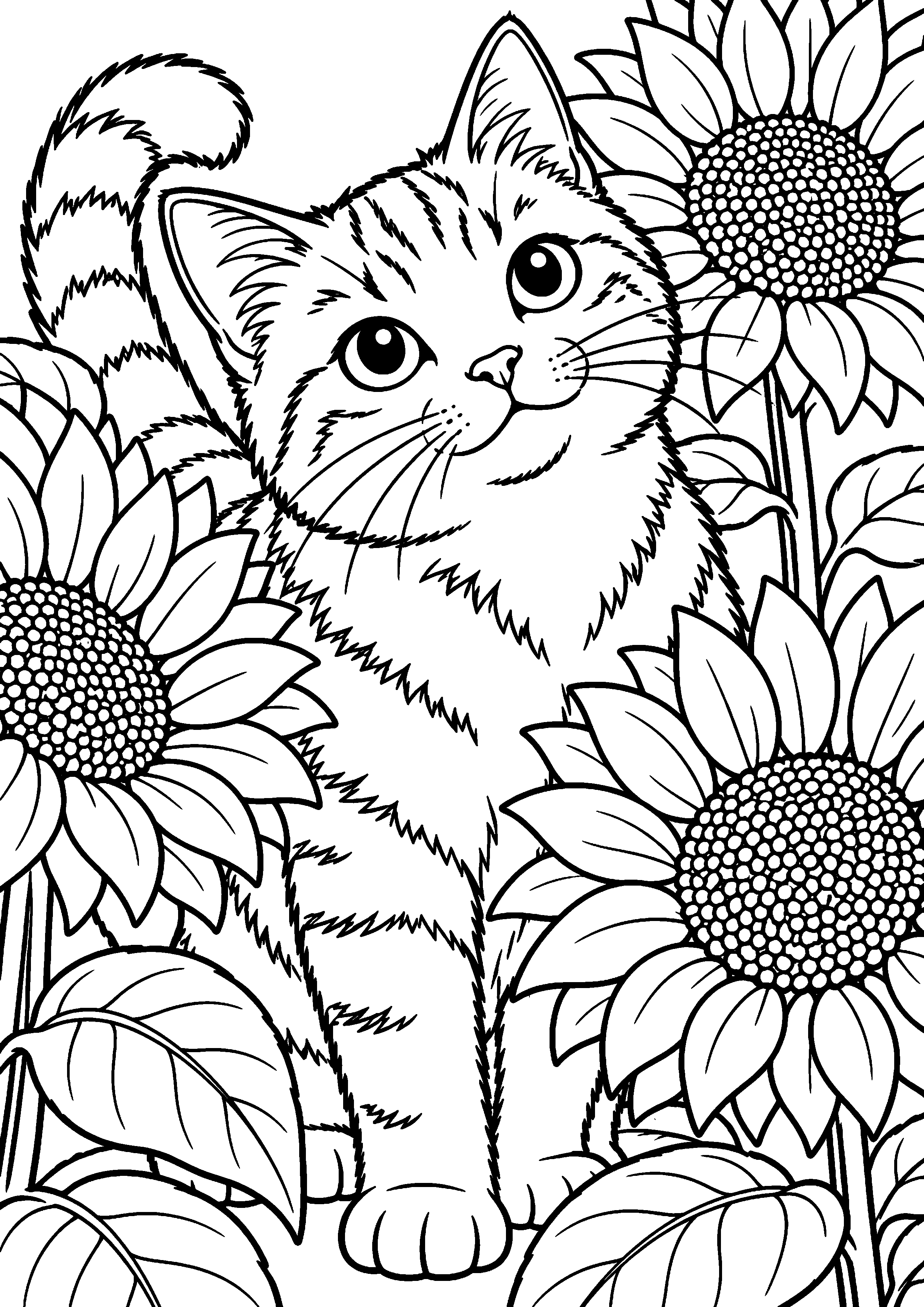 Coloriage représentant chat au milieu de grands tournesols en grand sur une page A4