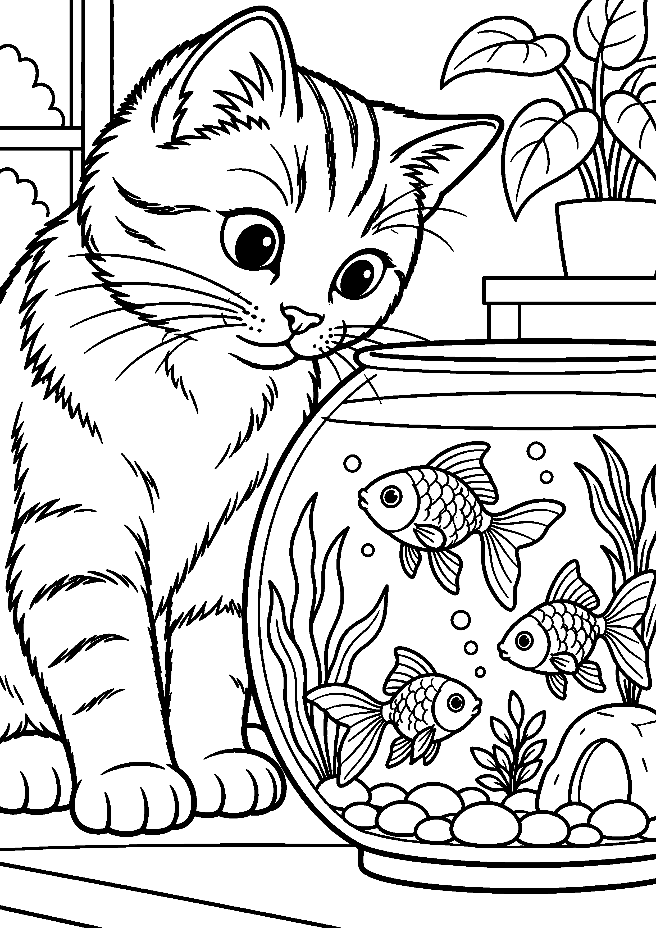 Coloriage représentant chat observant des poissons dans un aquarium en grand sur une page A4