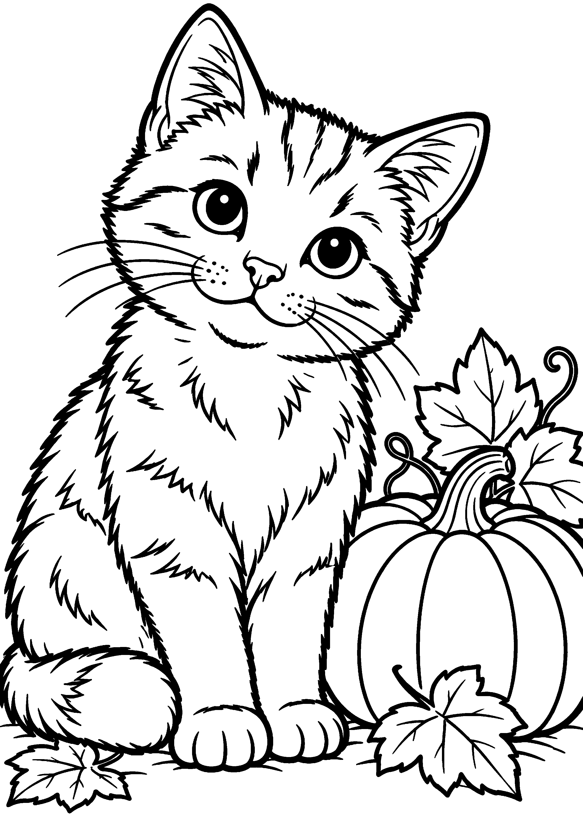 Coloriage représentant chat assis près d'une citrouille en grand sur une page A4