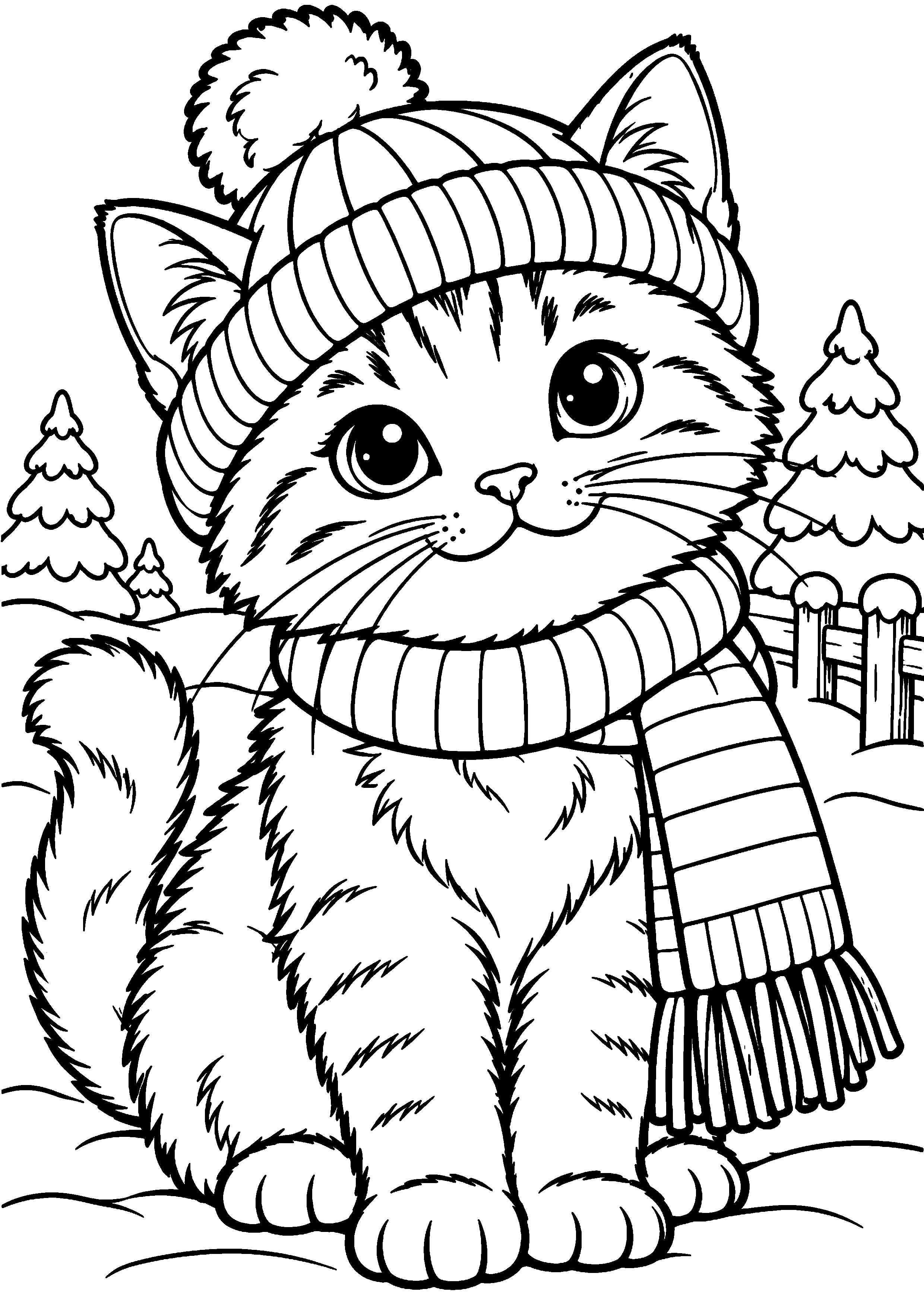 Coloriage représentant chat avec un bonnet et une écharpe en grand sur une page A4