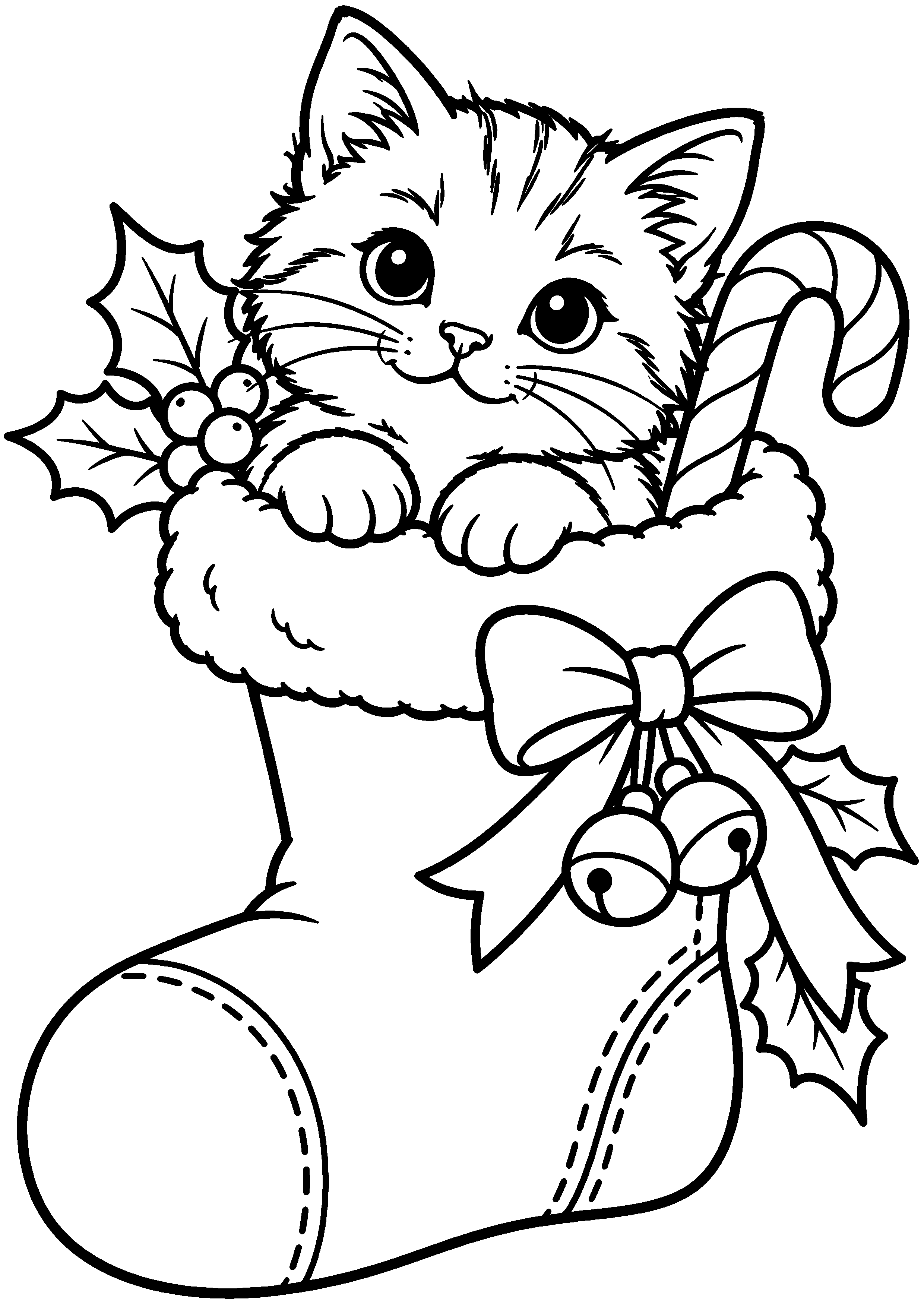Coloriage représentant chat dans une botte de Noël générique en grand sur une page A4