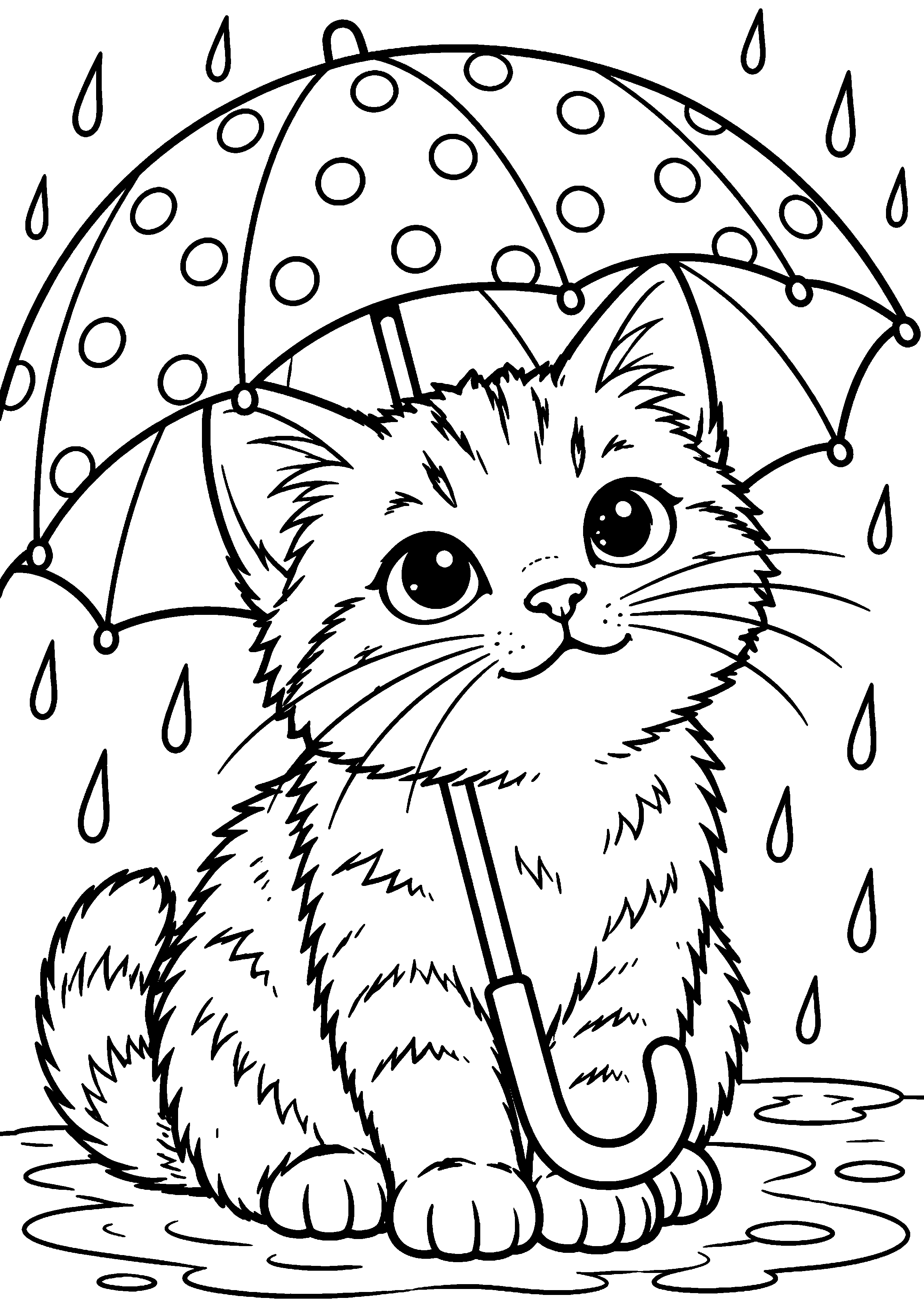Coloriage représentant chat sous un parapluie à pois en grand sur une page A4