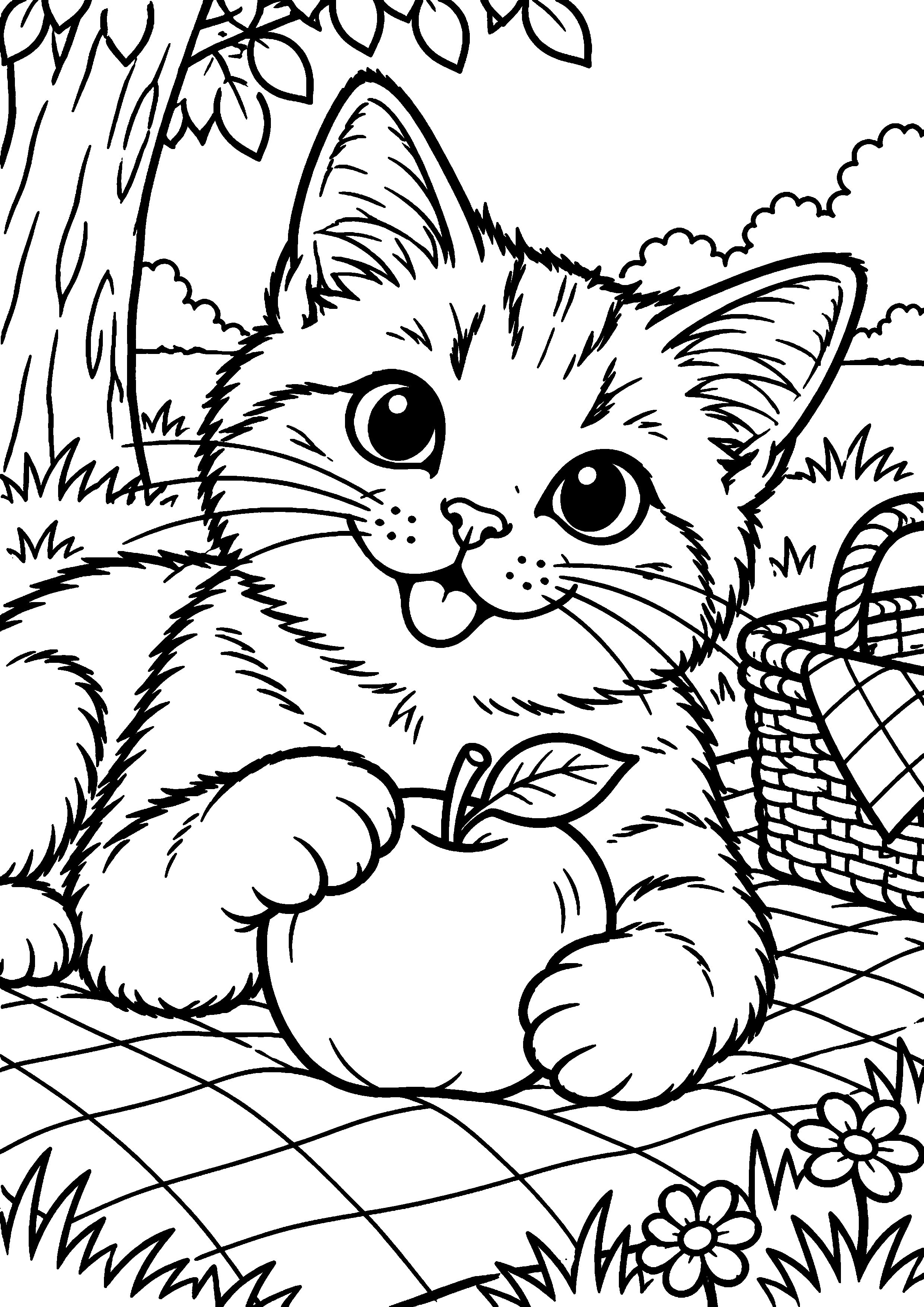 Coloriage représentant chat pique-niquant avec une pomme en grand sur une page A4
