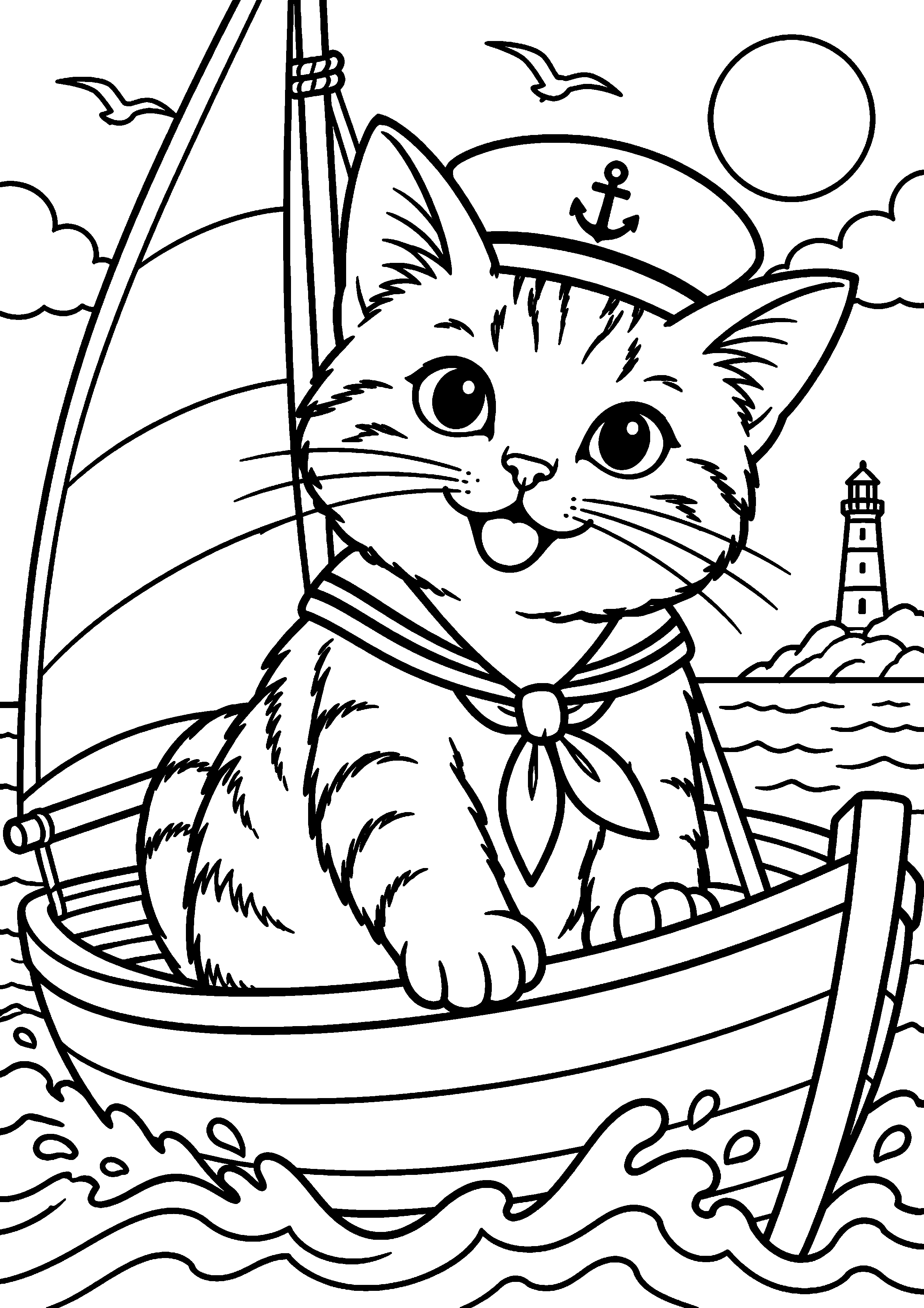Coloriage représentant chat marin dans un petit voilier en grand sur une page A4