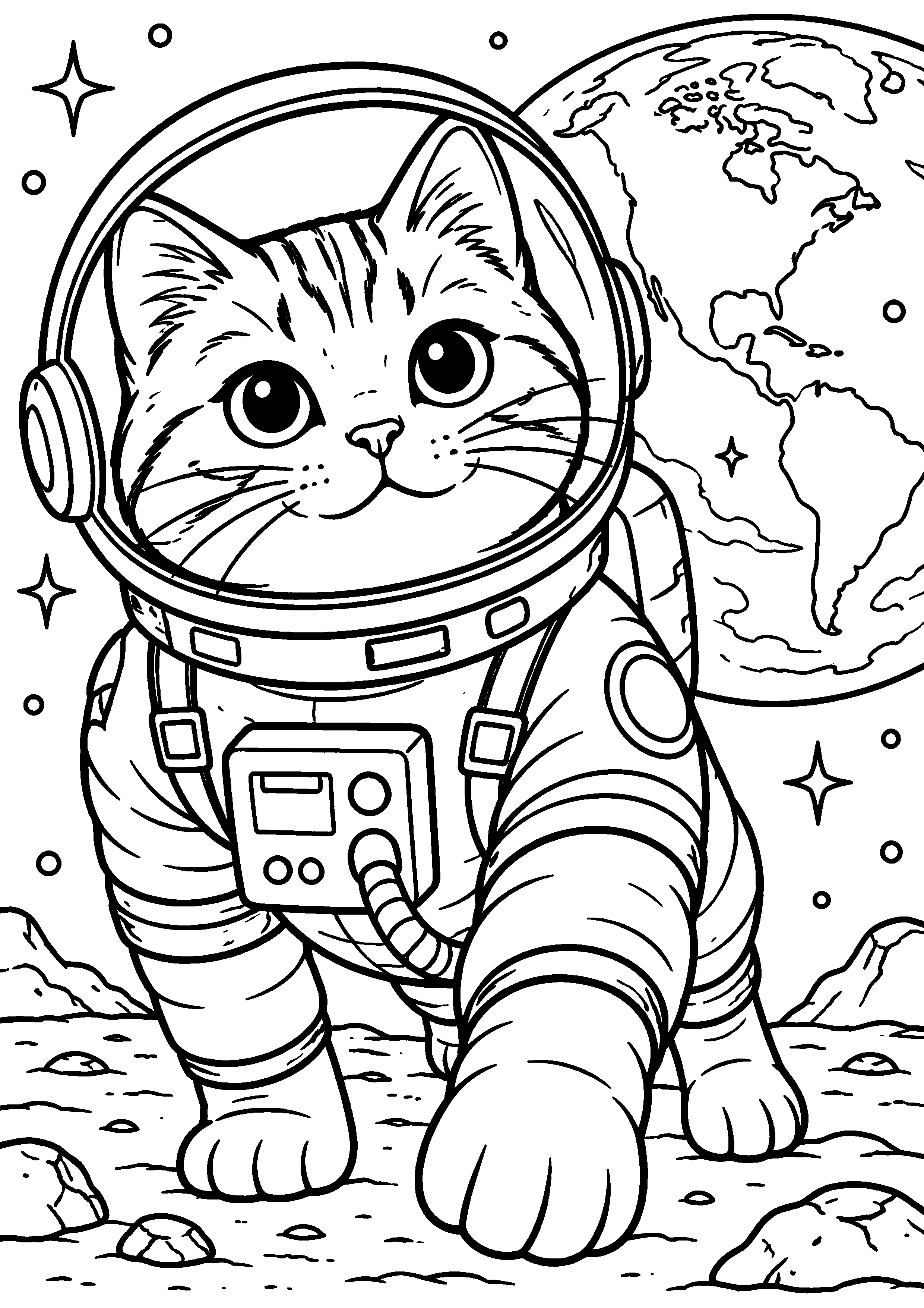 Coloriage représentant chat astronaute générique devant une planète en grand sur une page A4