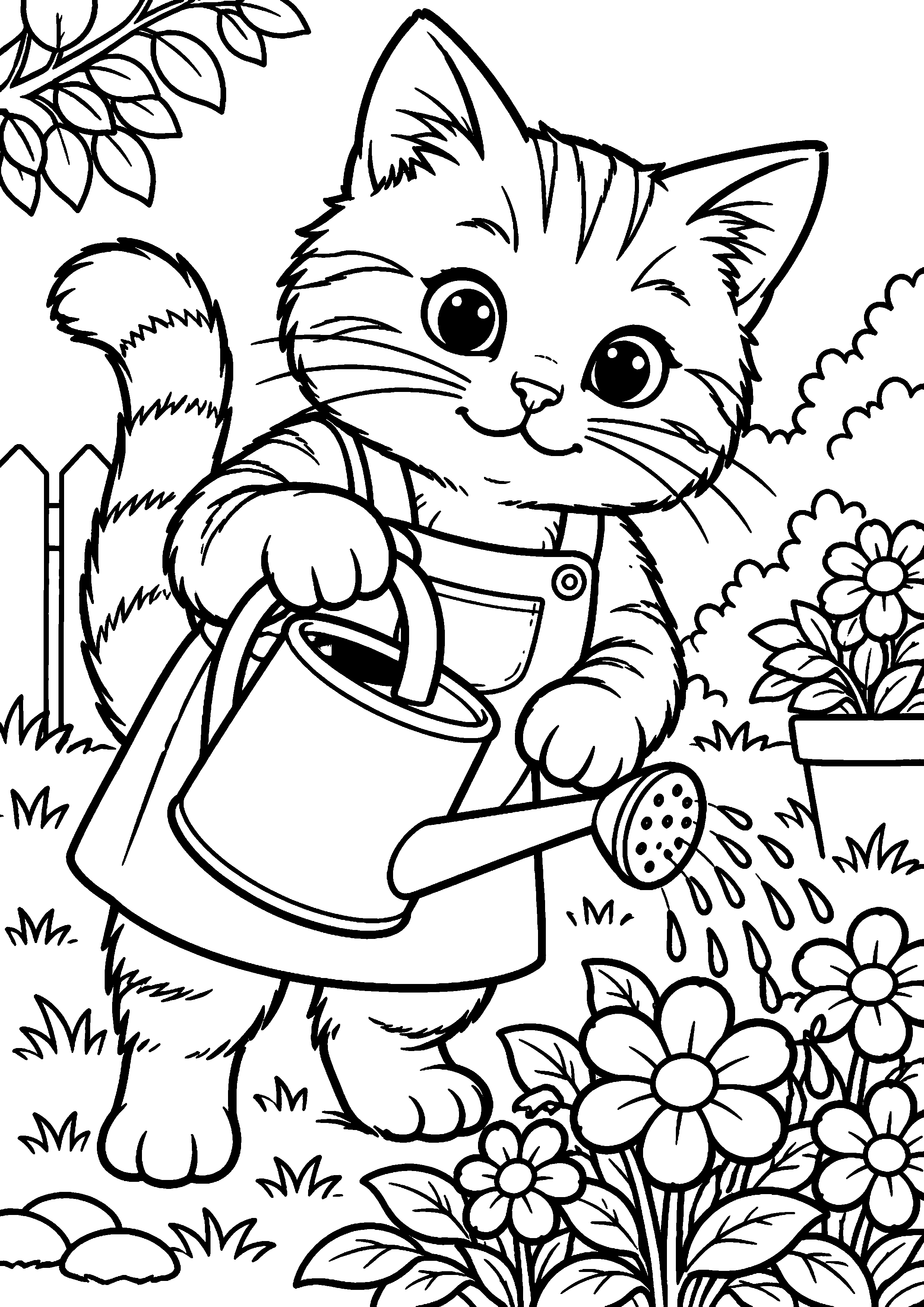 Coloriage représentant chat jardinier avec arrosoir en grand sur une page A4