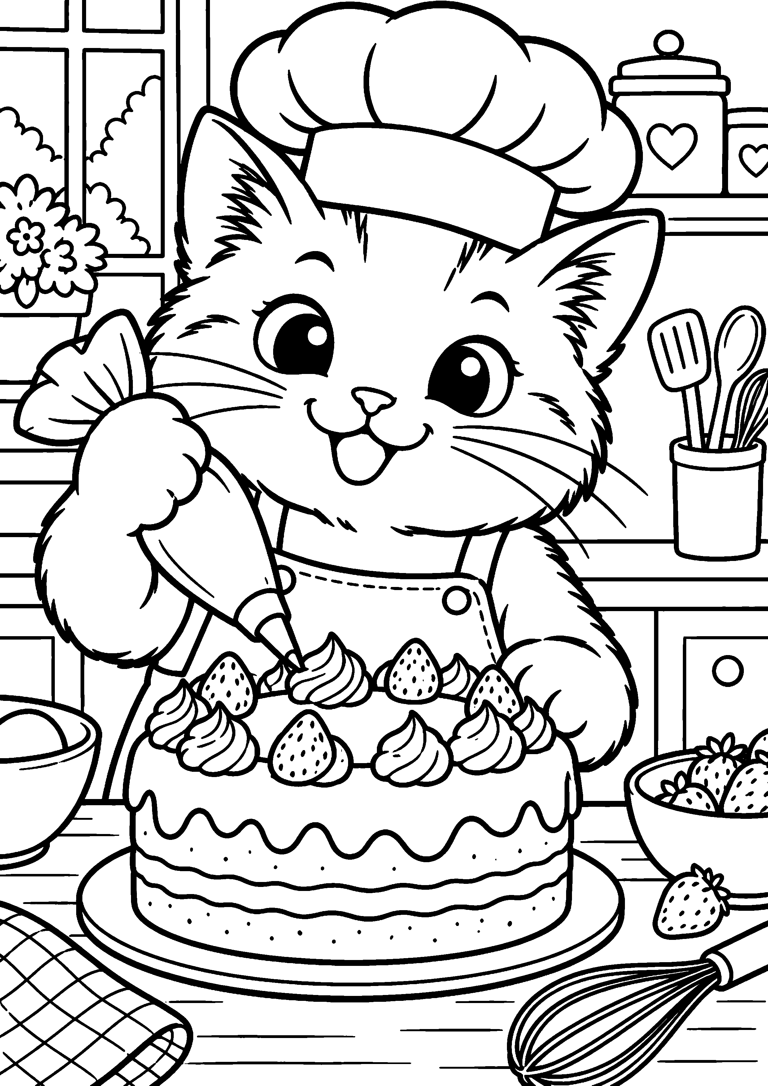 Coloriage représentant chat pâtissier devant un gâteau en grand sur une page A4