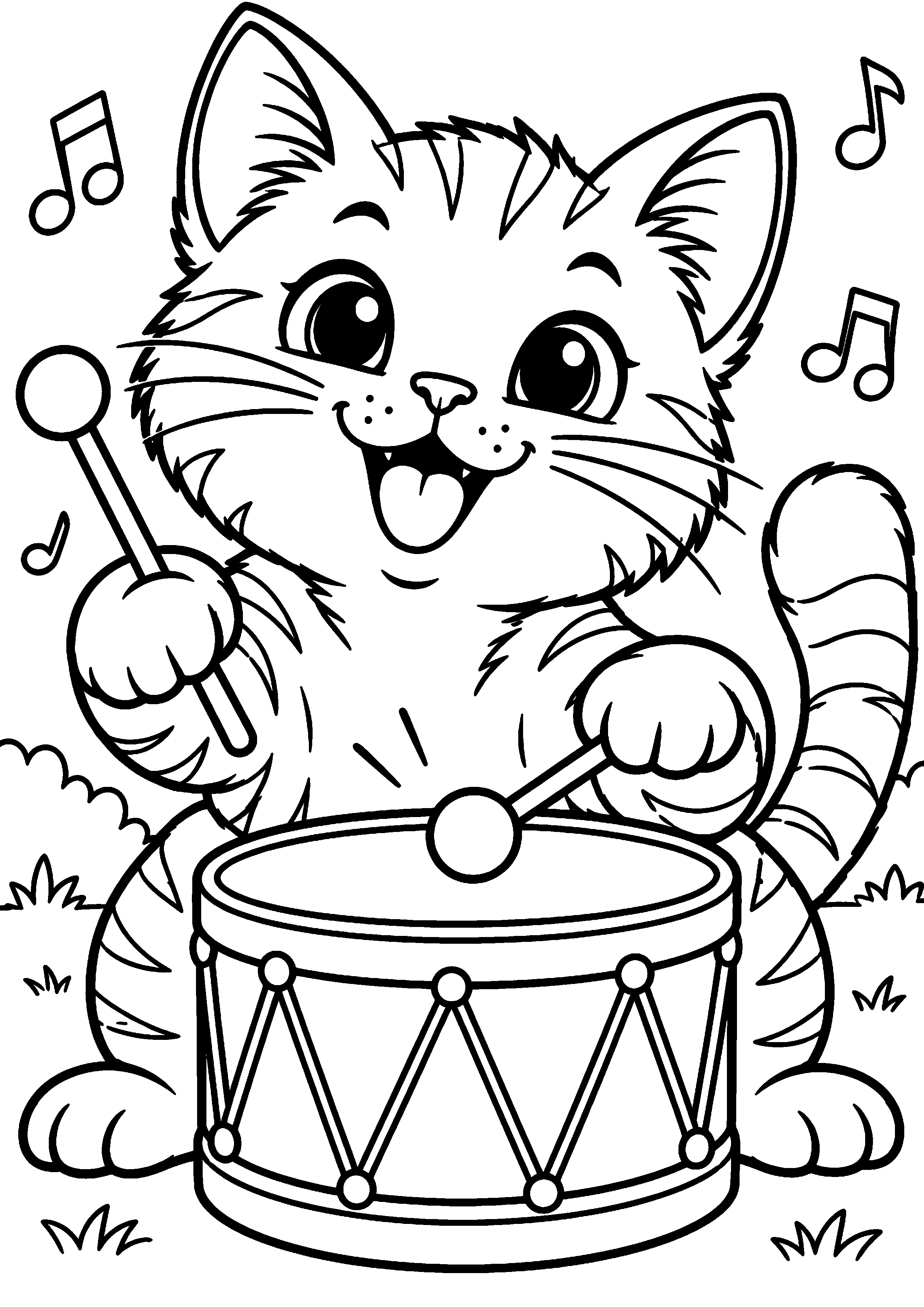 Coloriage représentant chat musicien jouant du tambour en grand sur une page A4