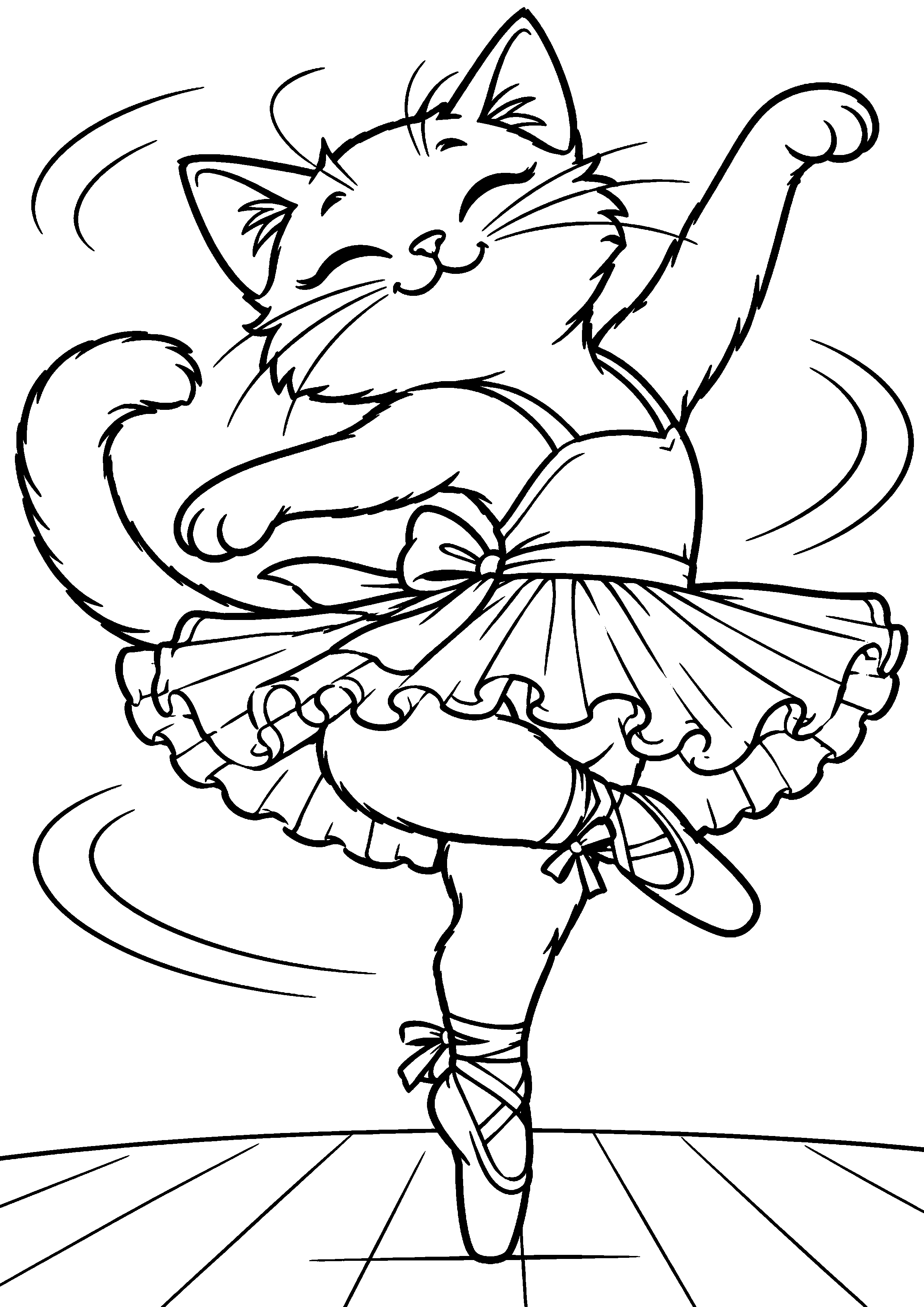 Coloriage représentant chat danseur faisant une pirouette en grand sur une page A4