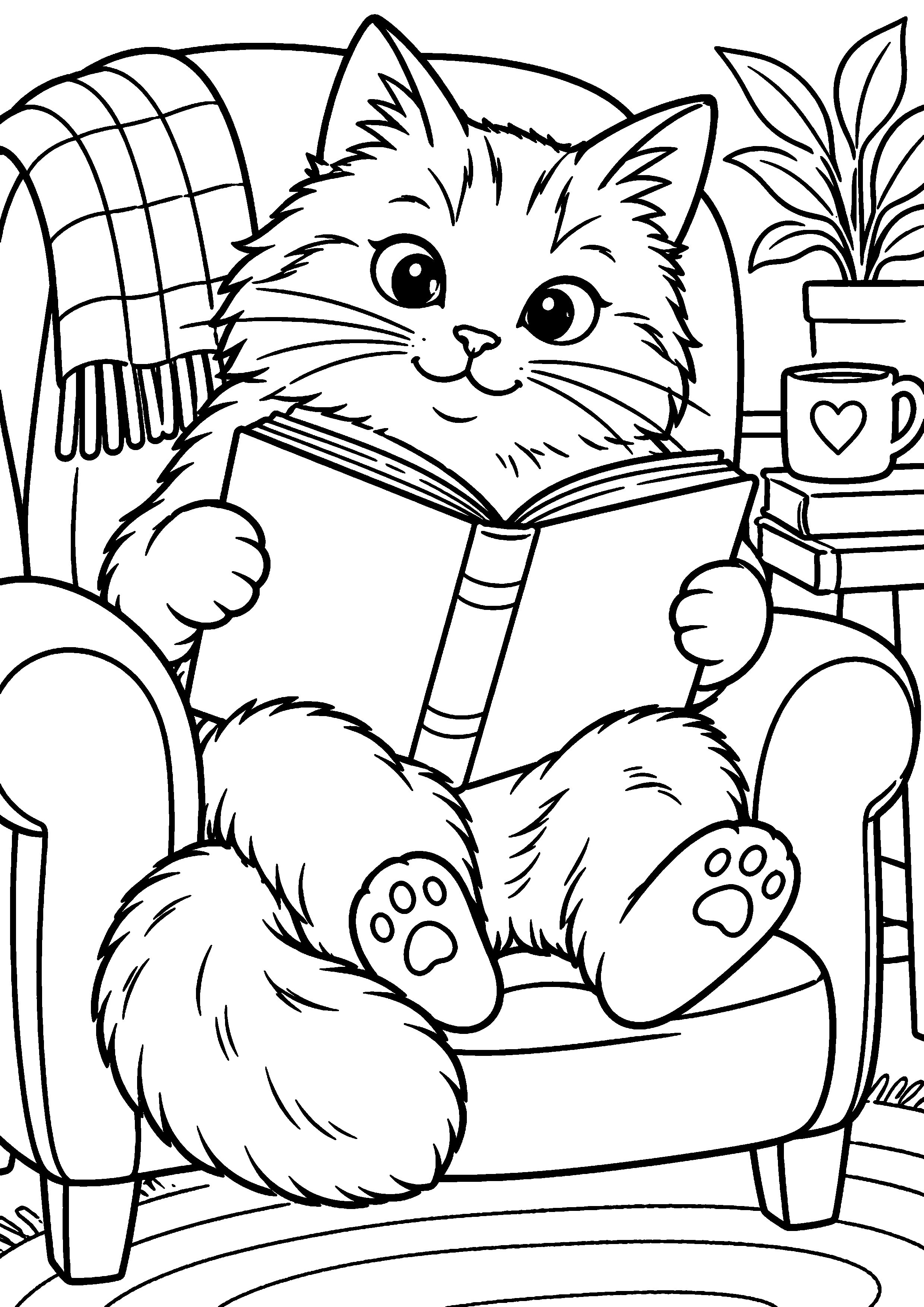 Coloriage représentant chat lecteur dans un fauteuil en grand sur une page A4