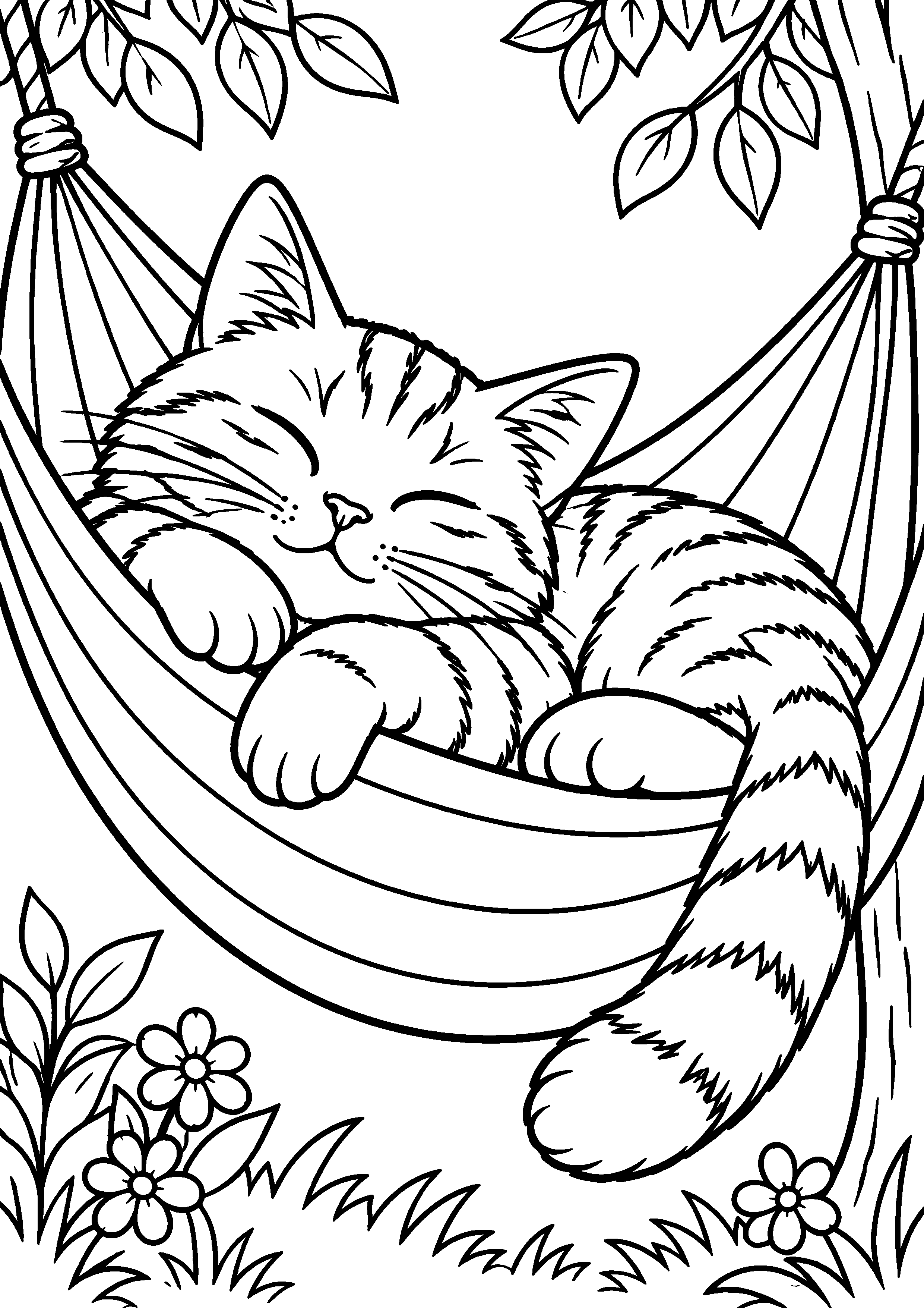 Coloriage représentant chat faisant la sieste dans un hamac en grand sur une page A4