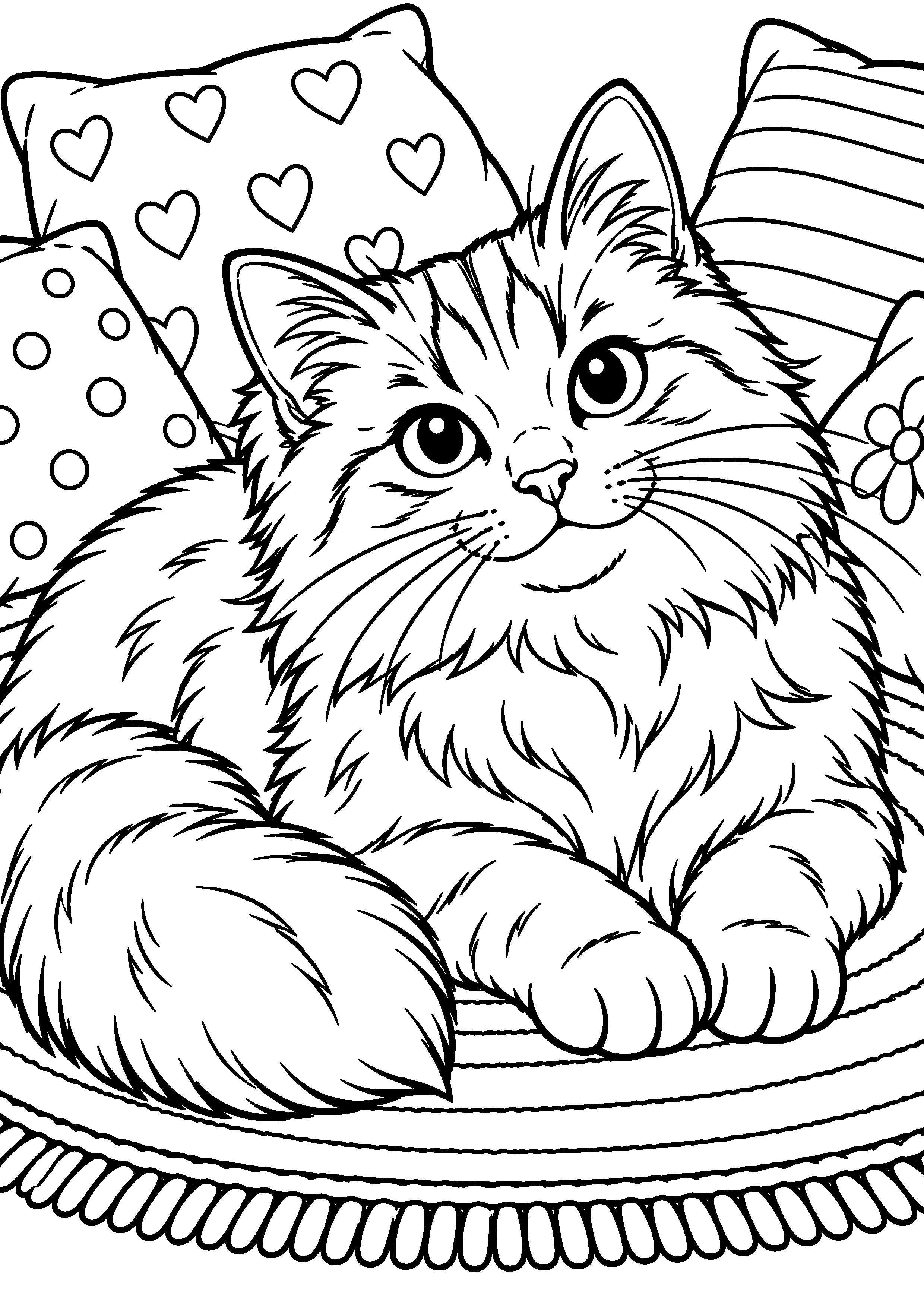 Coloriage représentant chat sur un tapis entouré de coussins en grand sur une page A4