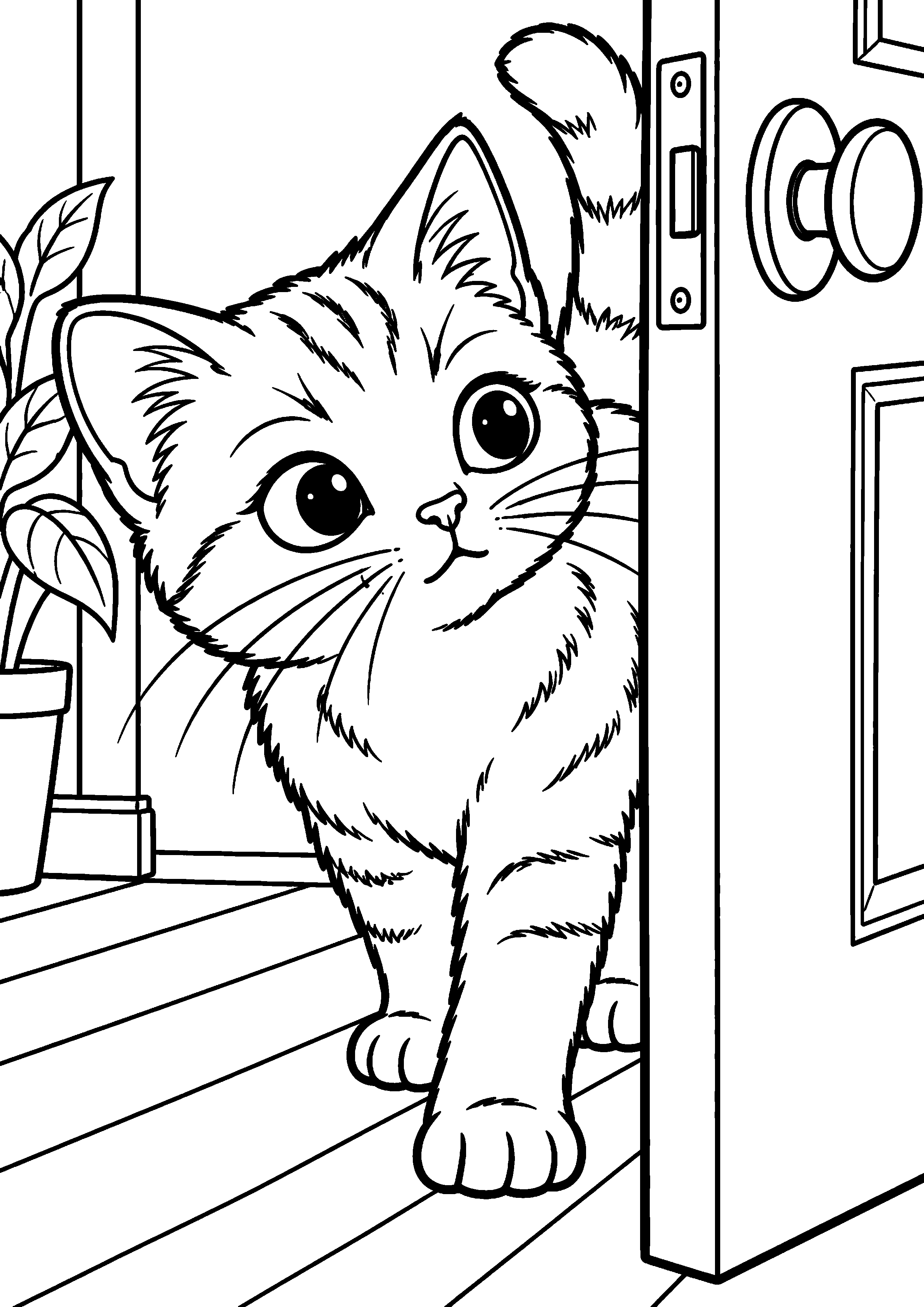 Coloriage représentant chat curieux devant une porte entrouverte en grand sur une page A4