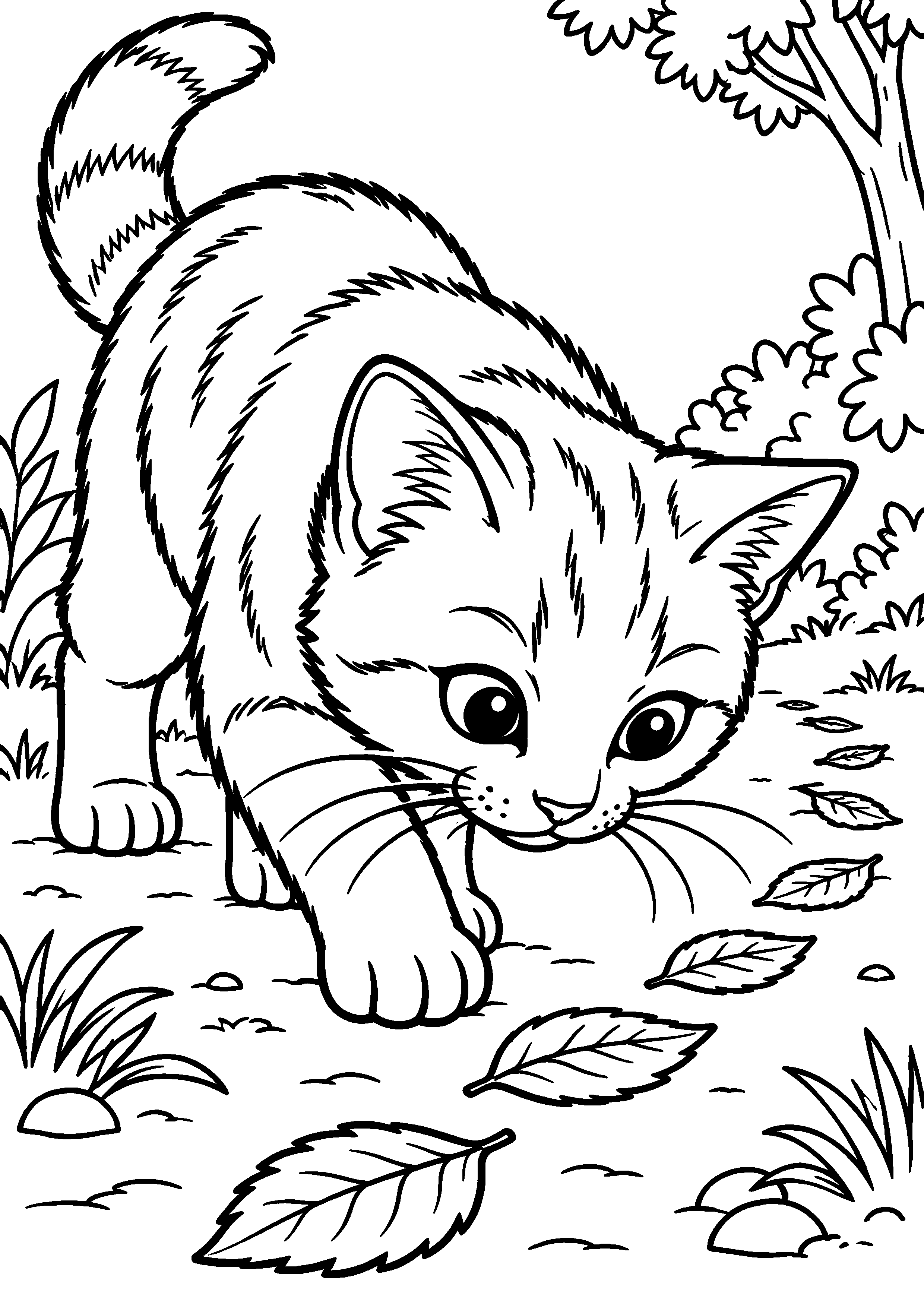 Coloriage représentant chat suivant une trace de feuilles en grand sur une page A4