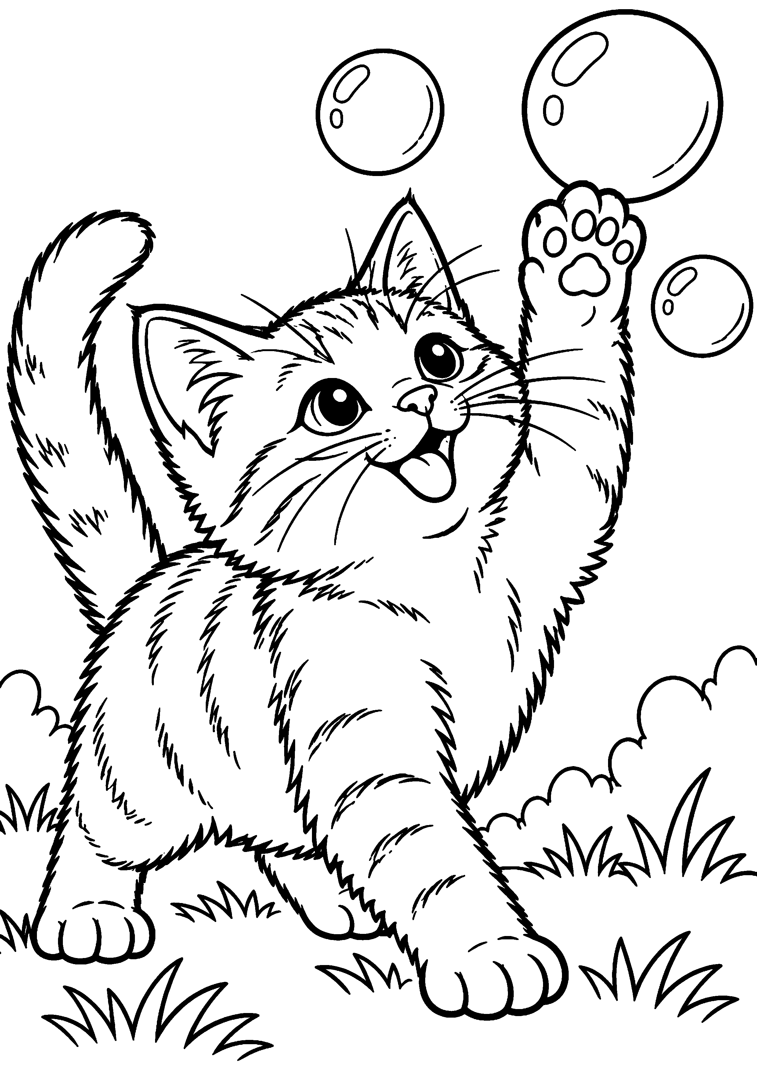 Coloriage représentant chat jouant avec trois bulles de savon en grand sur une page A4