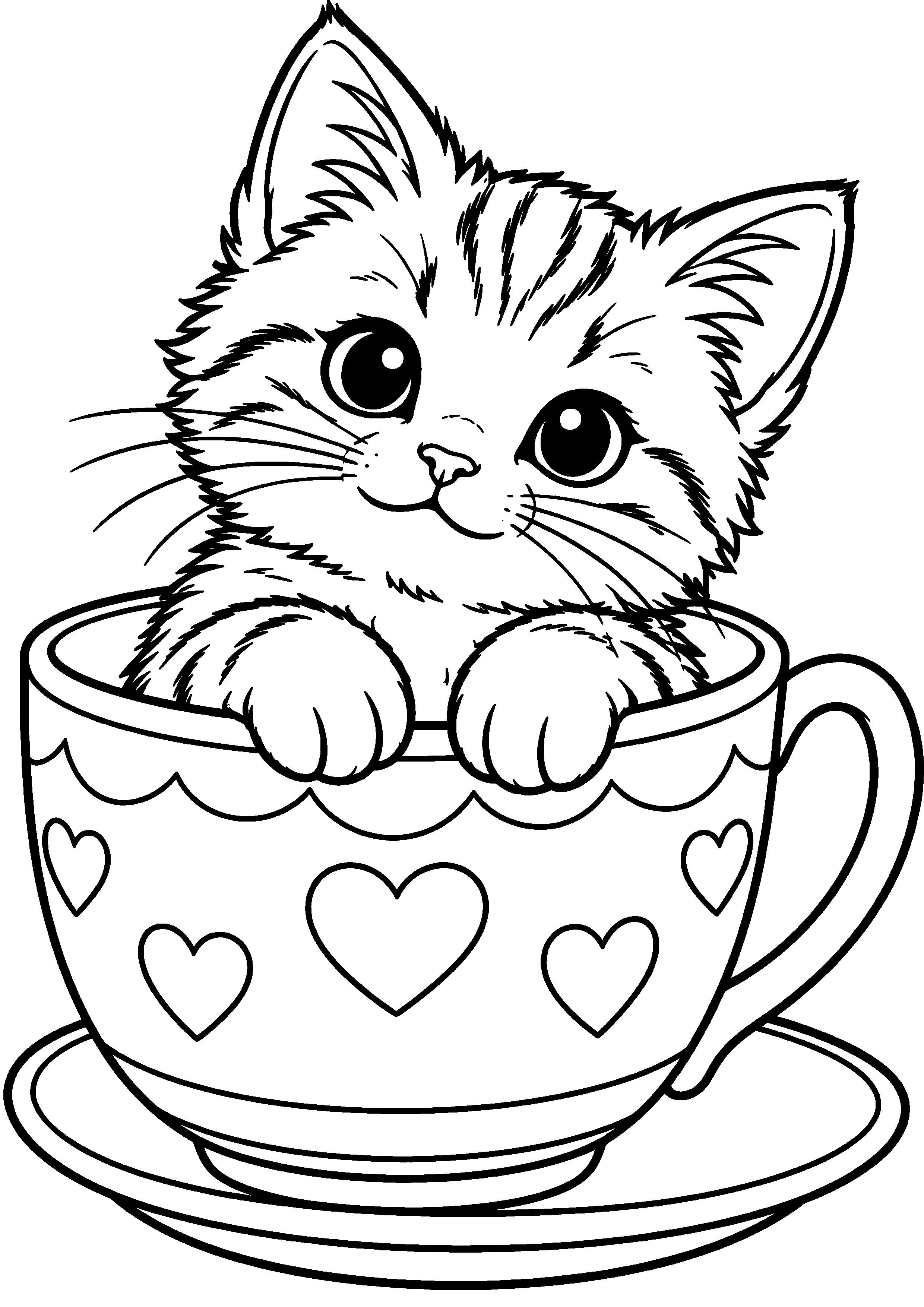 Coloriage représentant chaton dans une tasse géante sans texte en grand sur une page A4