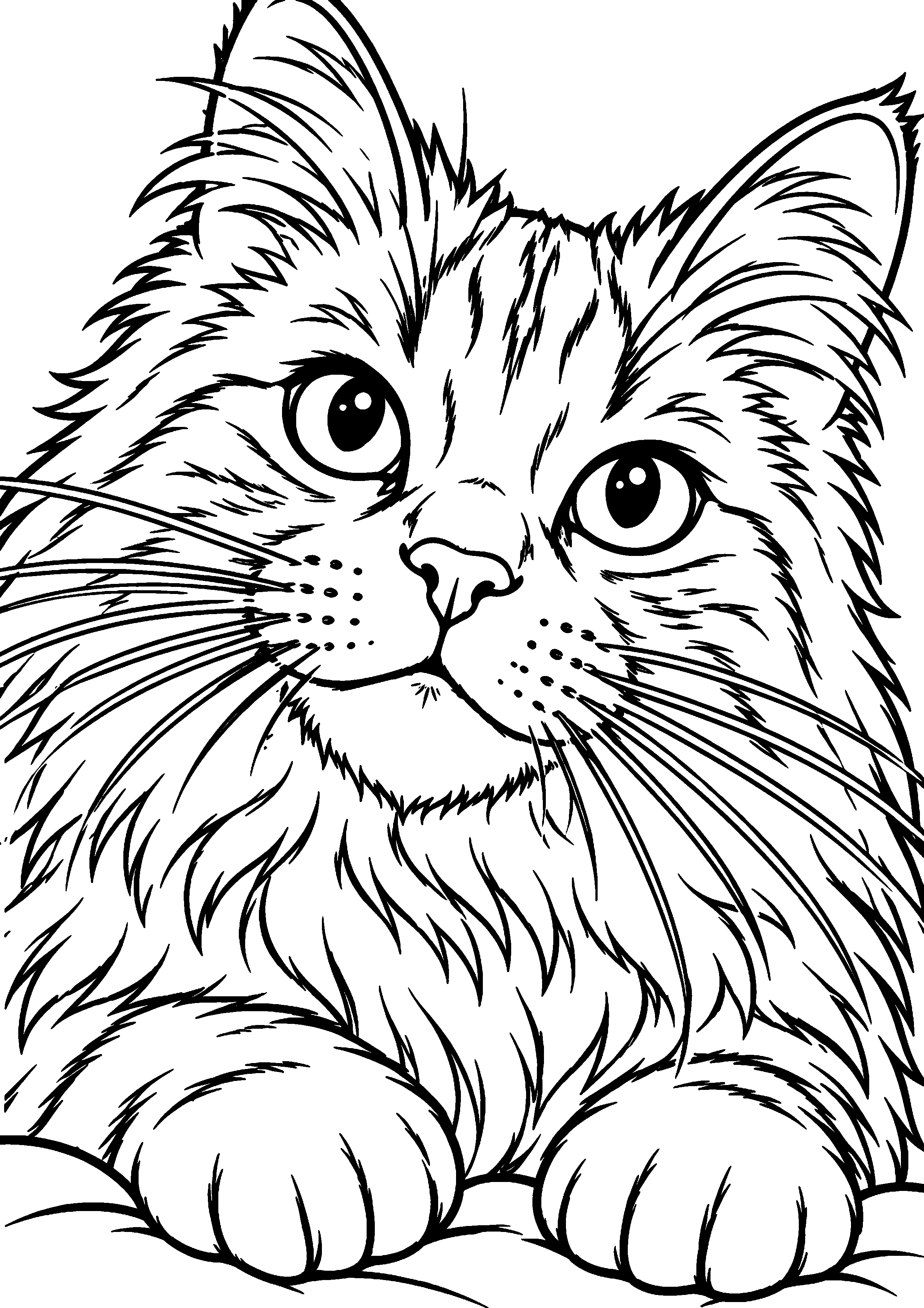 Coloriage représentant portrait rapproché d'un chat aux longues moustaches en grand sur une page A4