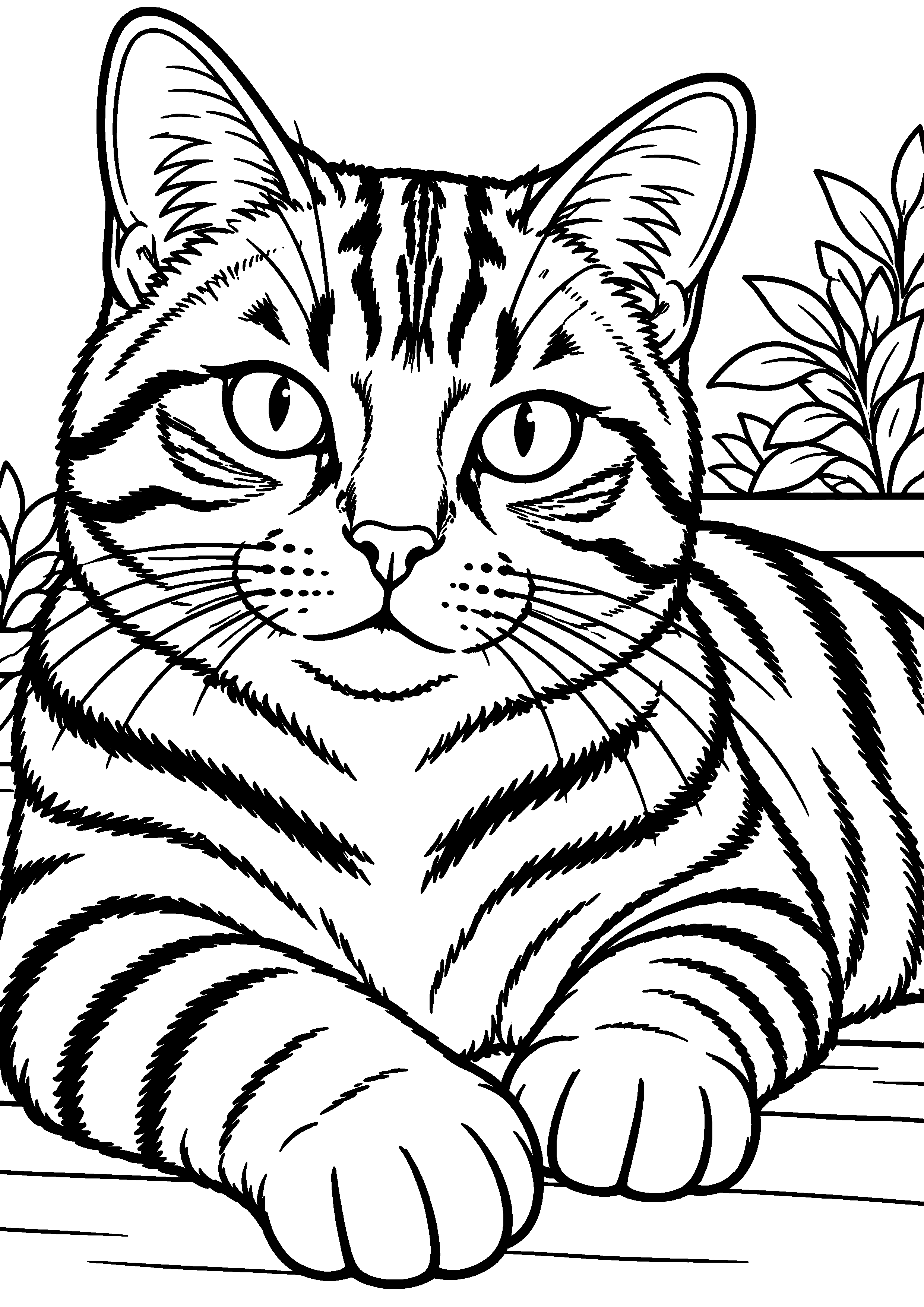 Coloriage représentant portrait de chat tigré aux rayures larges en grand sur une page A4