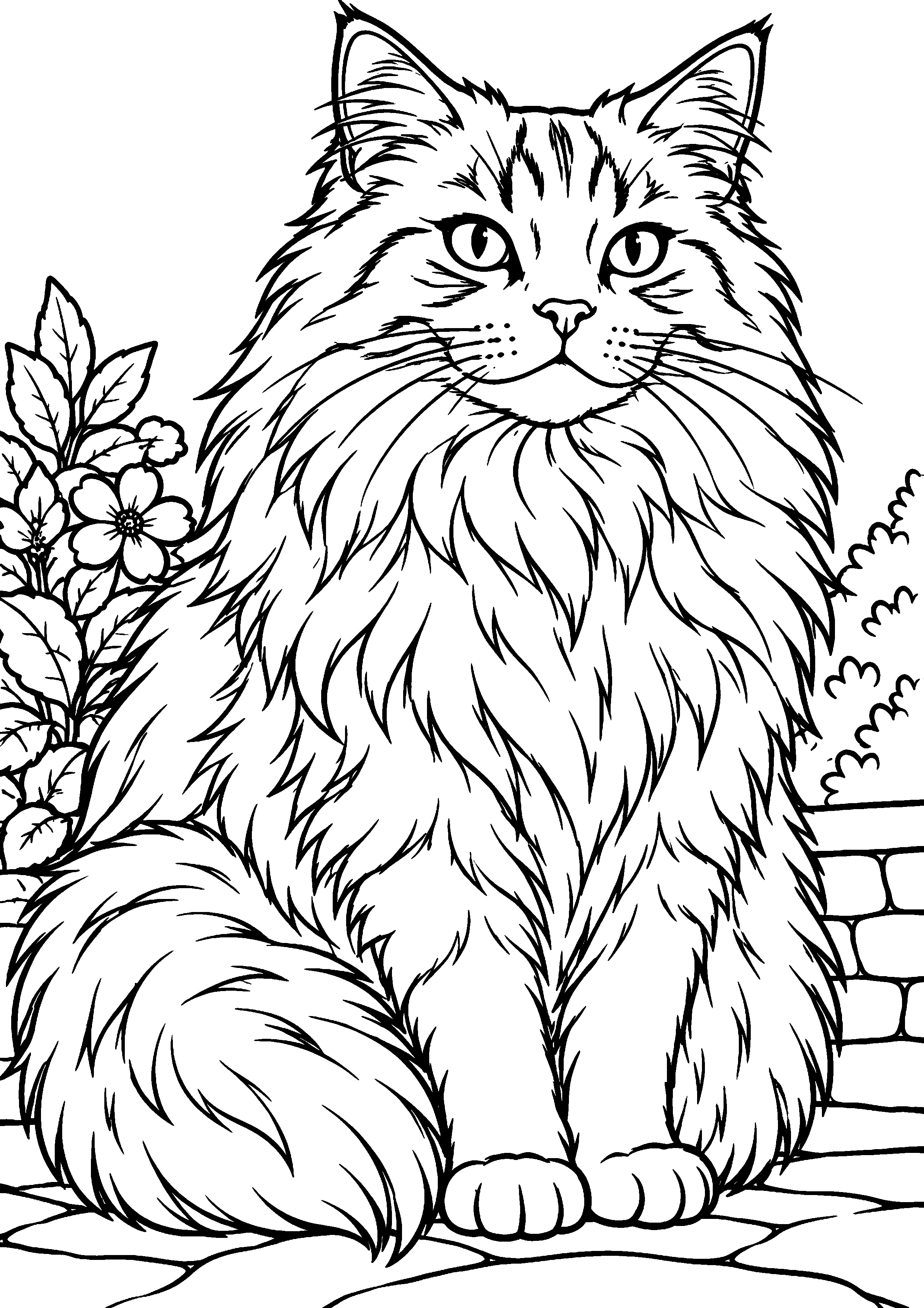 Coloriage représentant chat à poil long assis majestueusement en grand sur une page A4