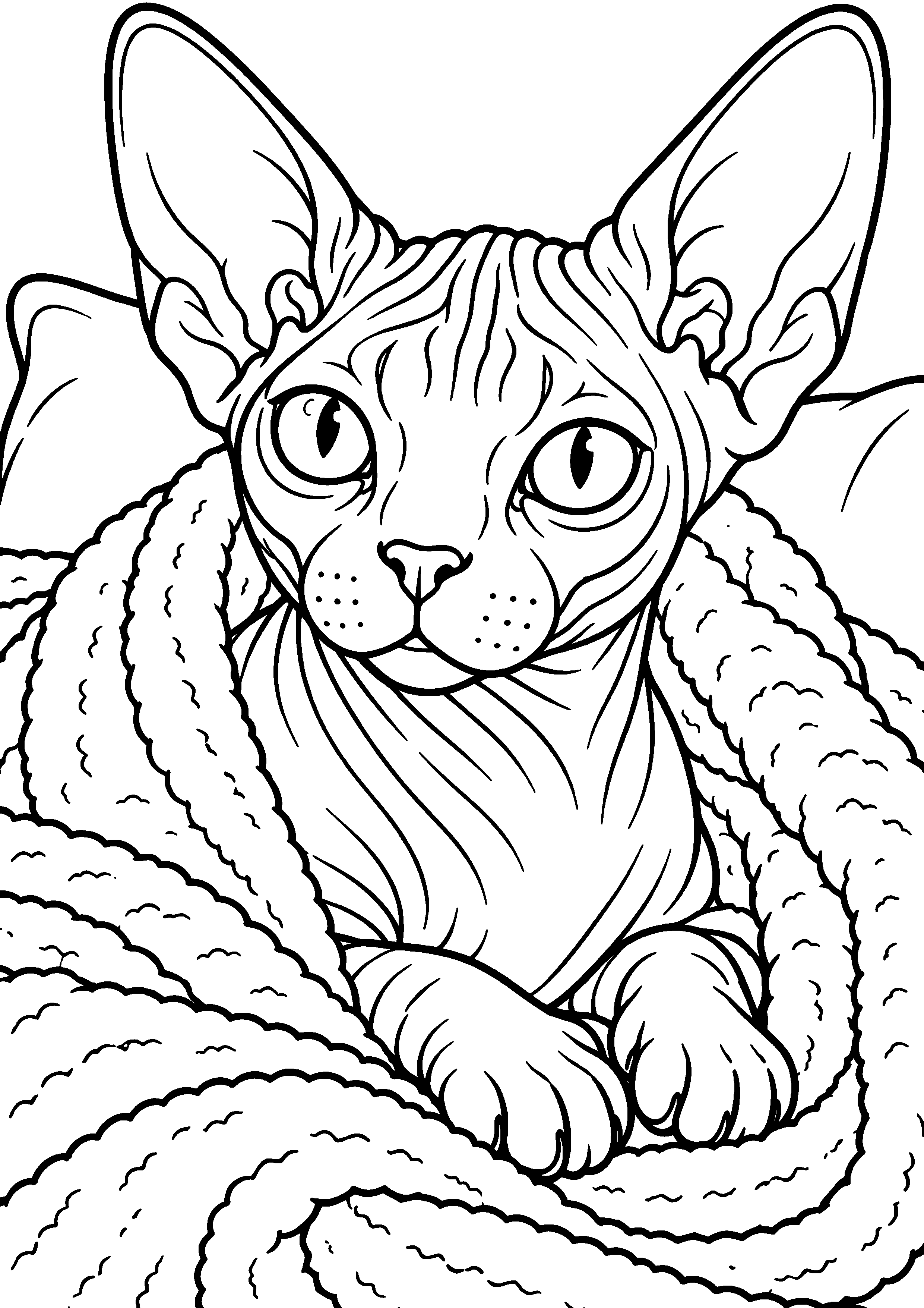 Coloriage représentant chat sans poils générique dans un plaid en grand sur une page A4