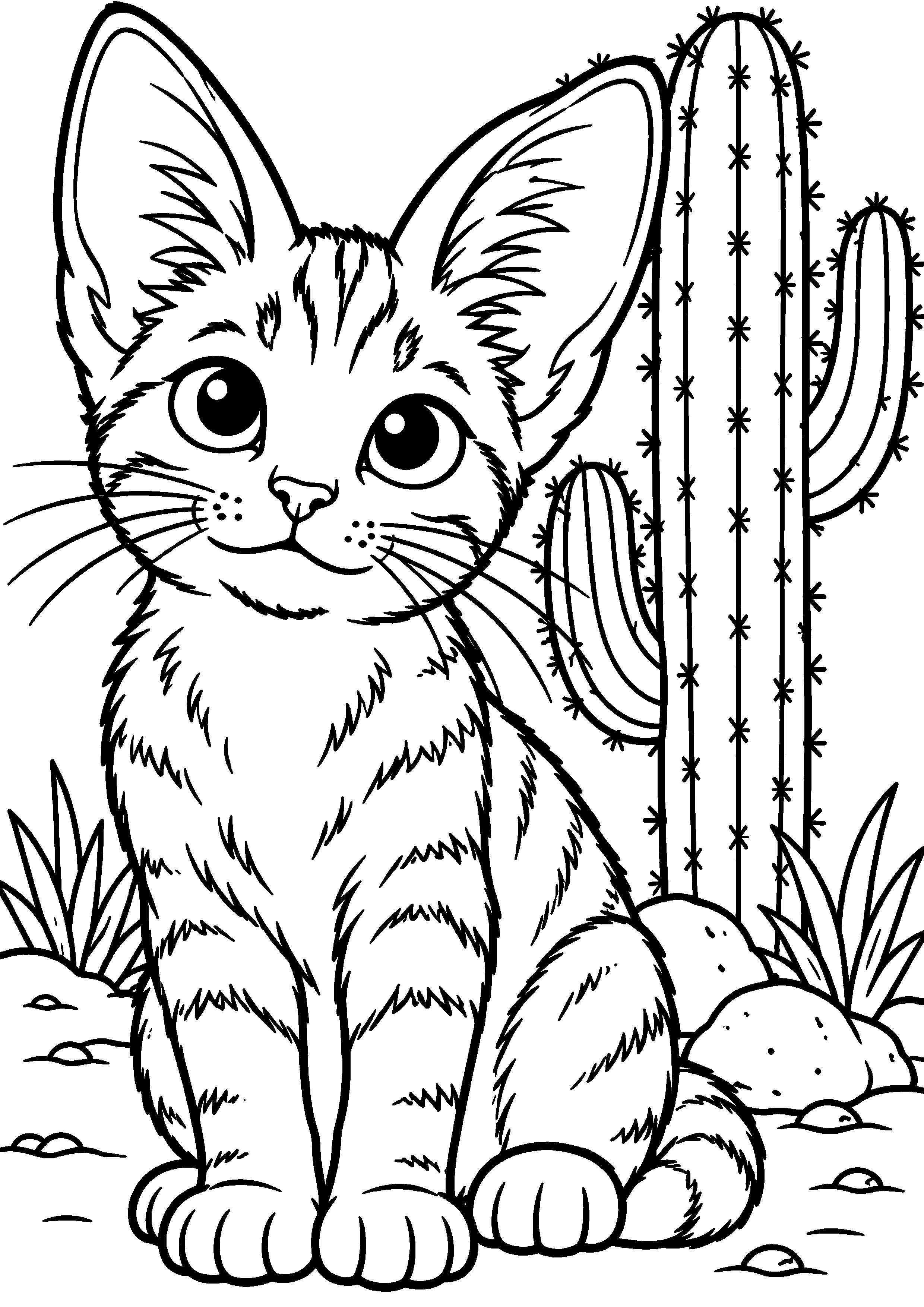 Coloriage représentant chat à grandes oreilles devant un cactus en grand sur une page A4