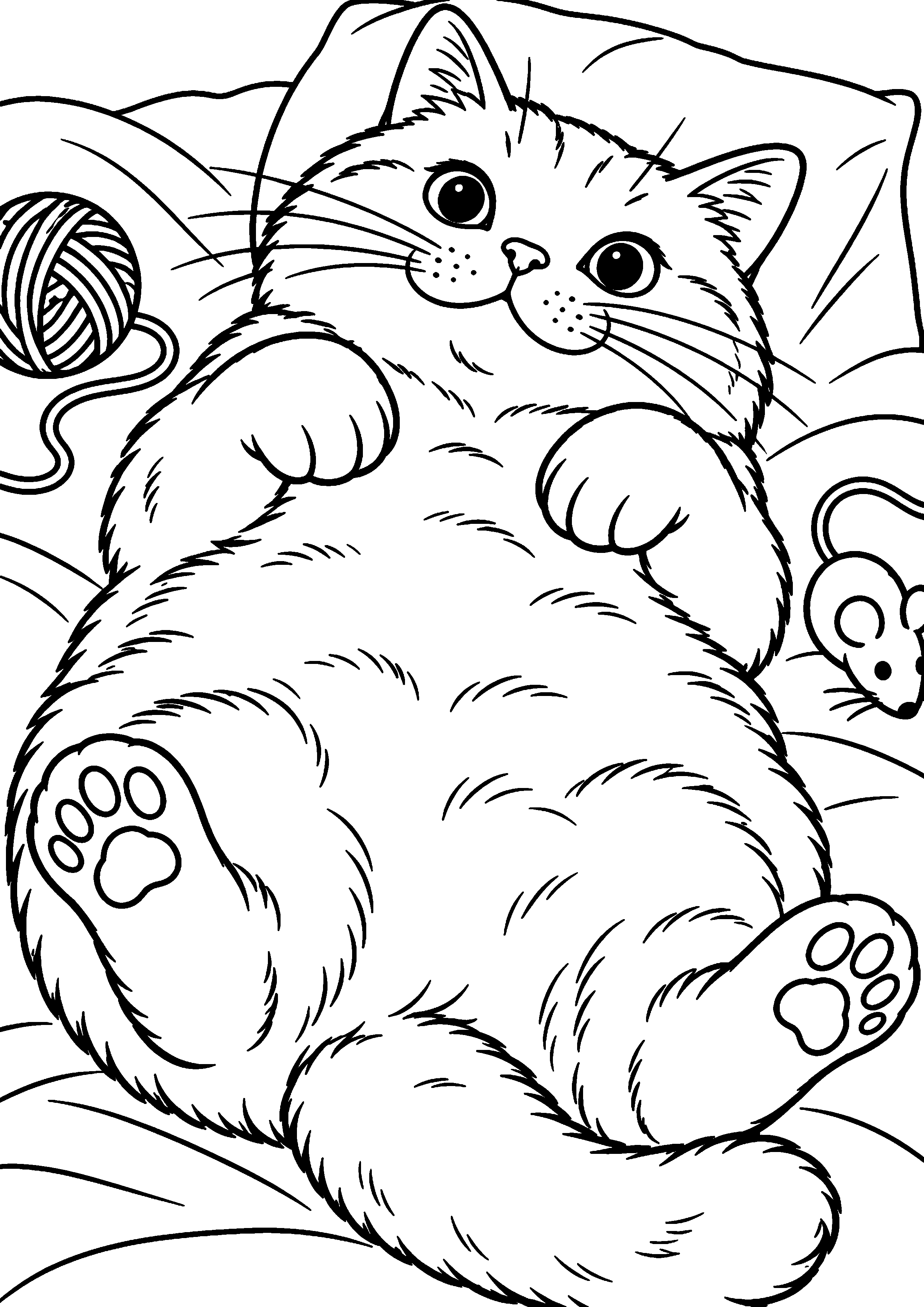 Coloriage représentant chat trapu couché sur le dos en grand sur une page A4