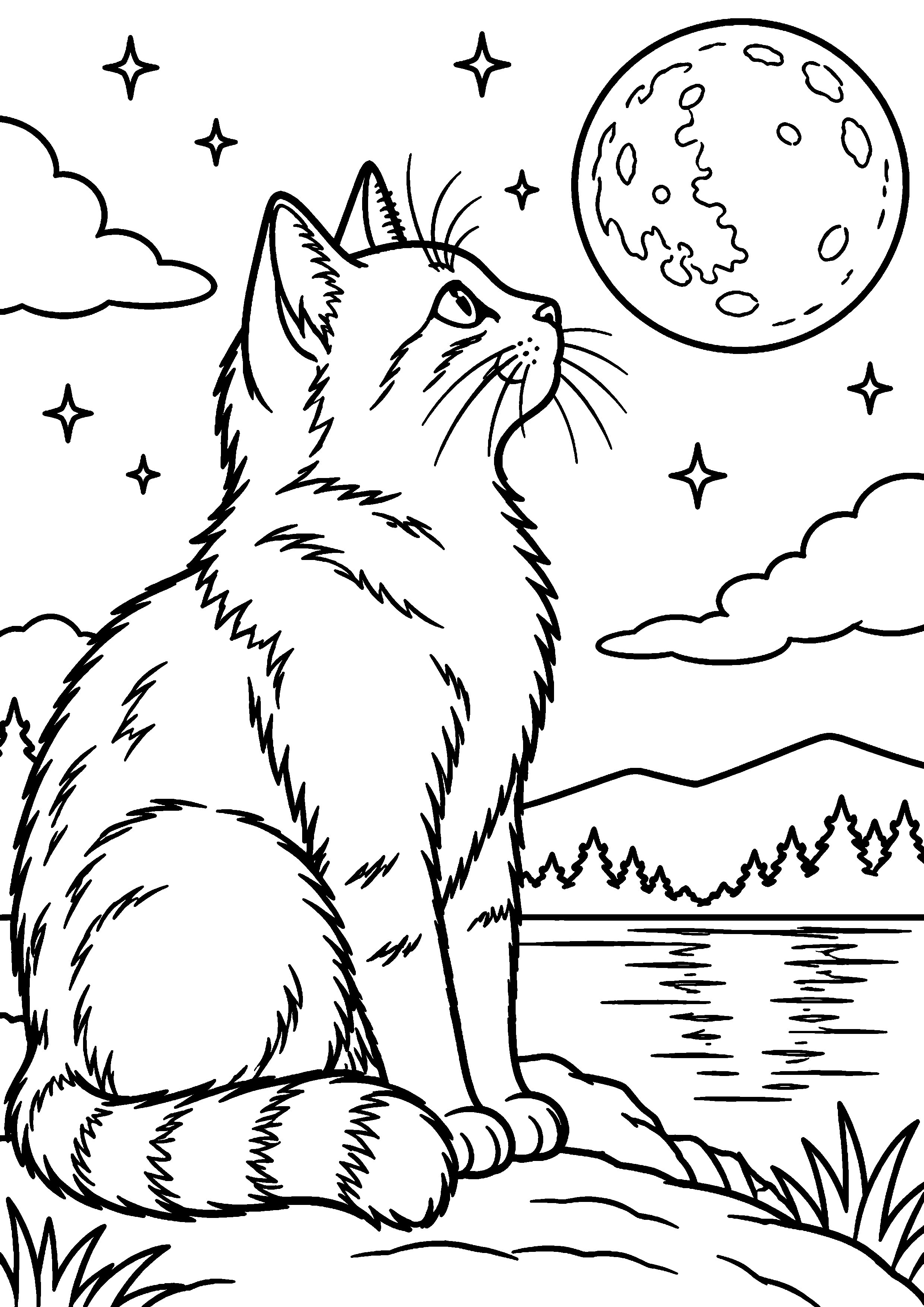 Coloriage représentant chat de profil regardant la lune en grand sur une page A4
