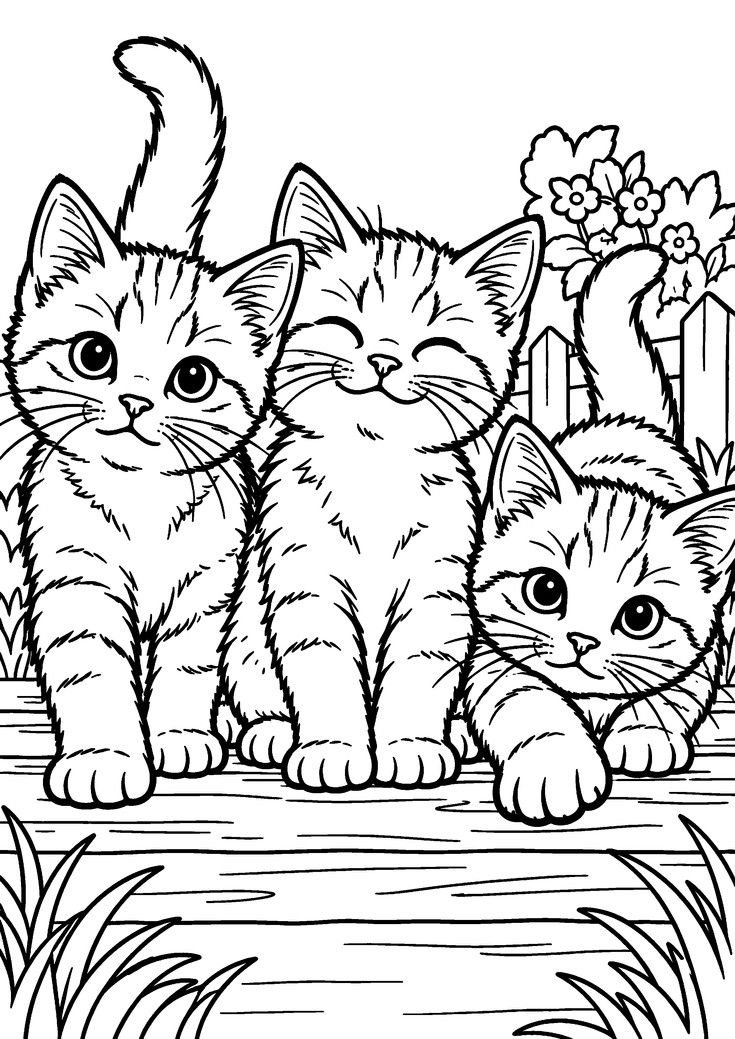 Coloriage représentant trois chatons alignés aux poses différentes en grand sur une page A4