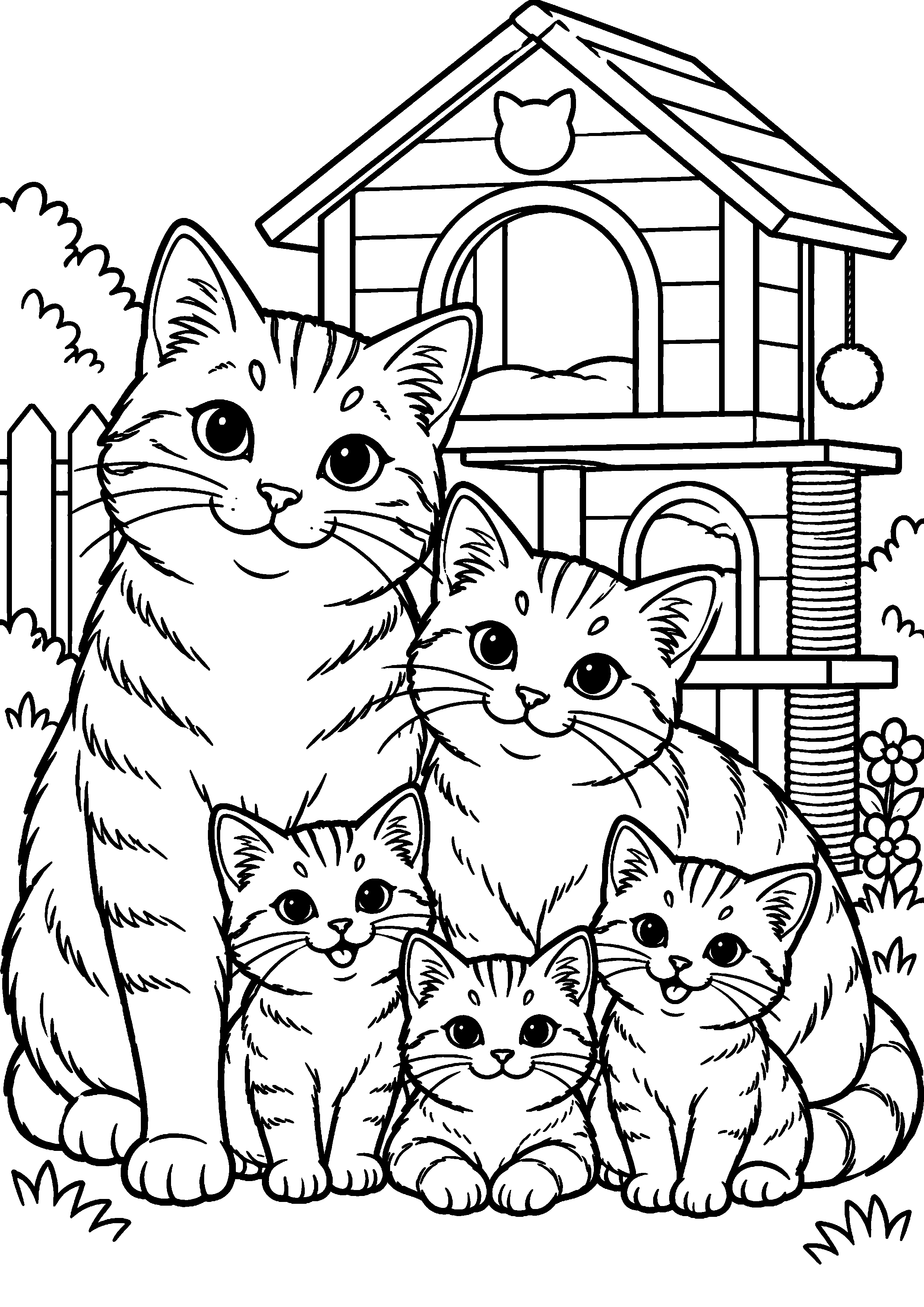 Coloriage représentant famille de chats devant une grande maison pour chats en grand sur une page A4