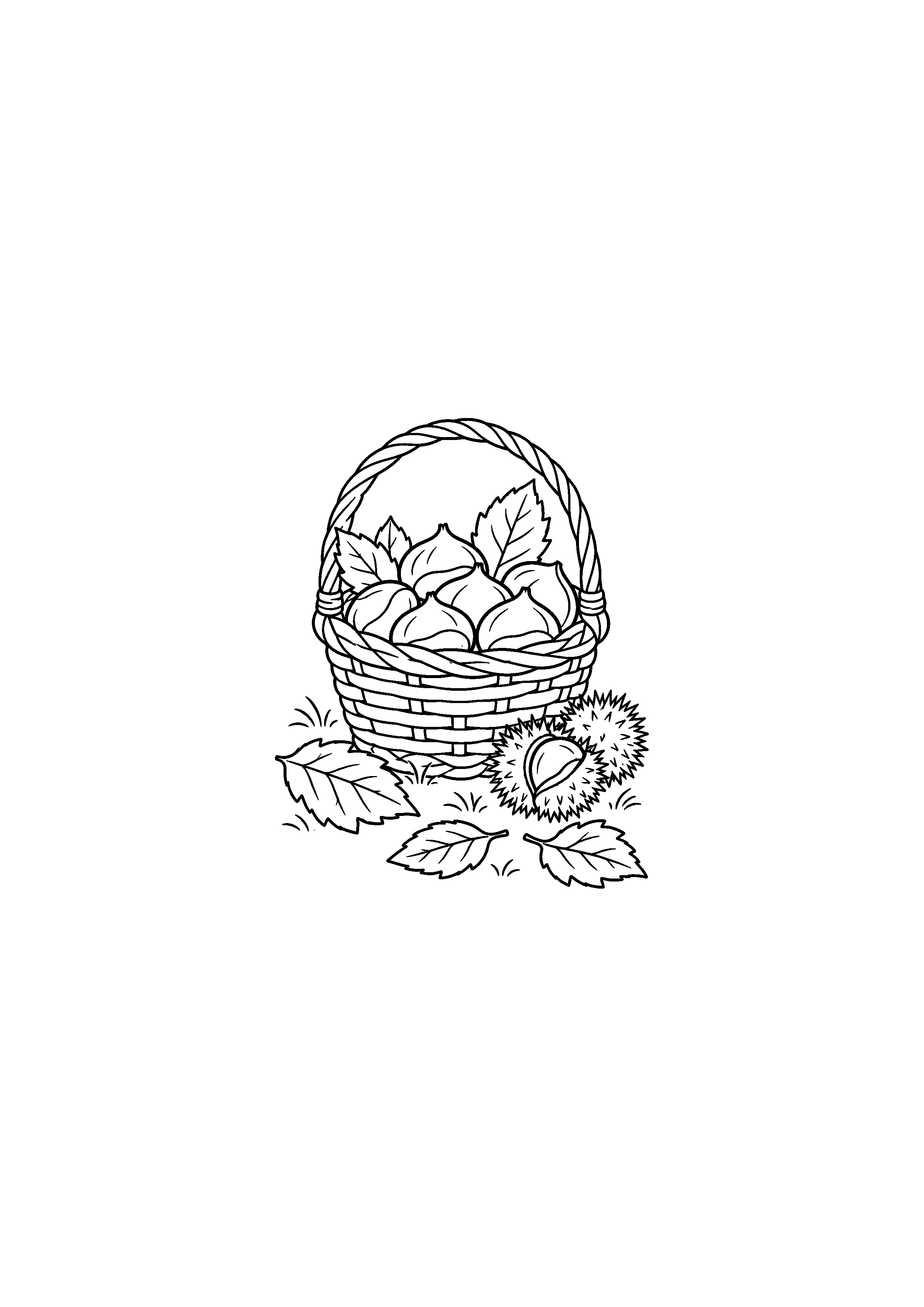 Coloriage panier rempli de châtaignes et feuilles à imprimer