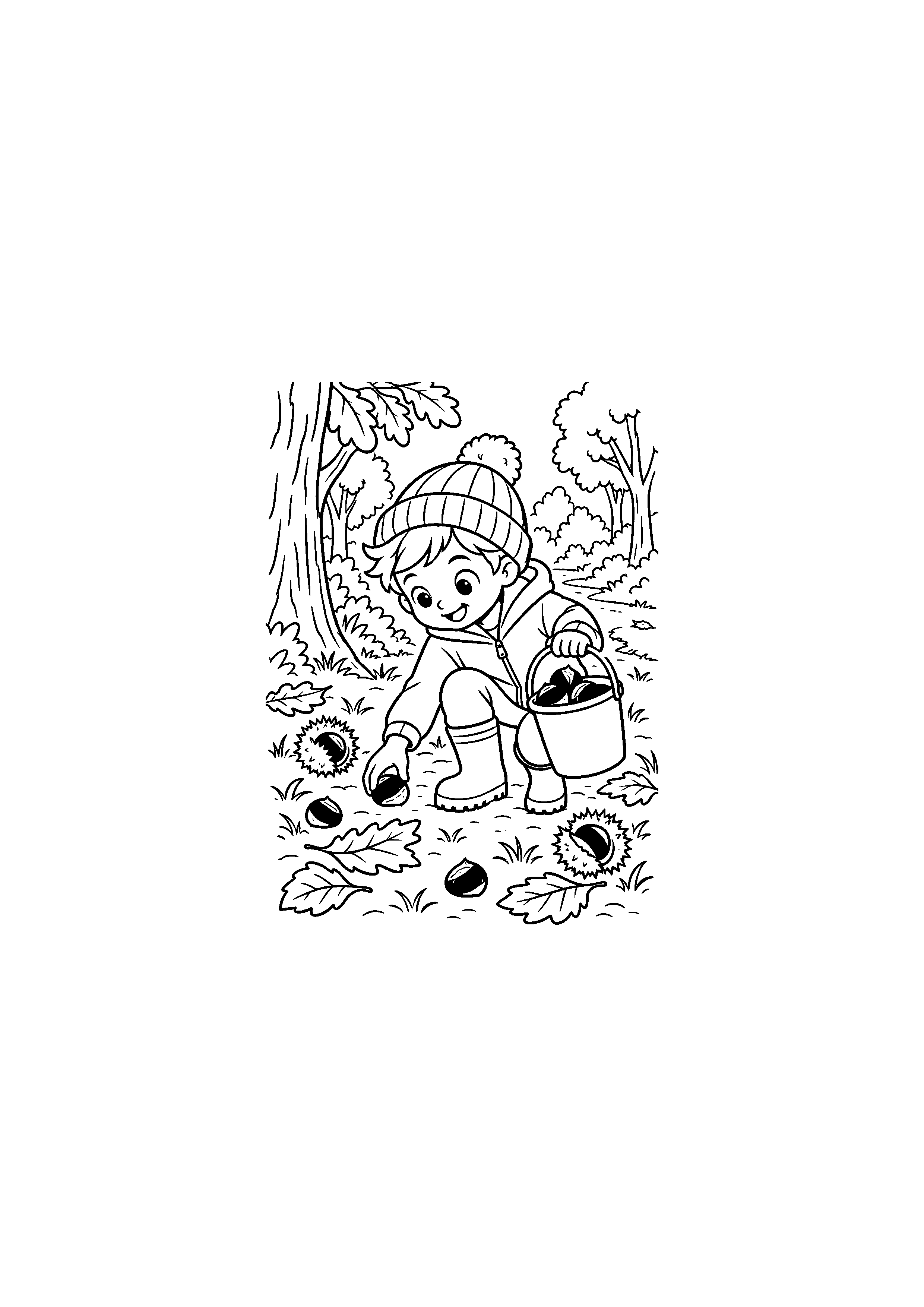 Coloriage enfant ramassant des châtaignes en forêt à imprimer