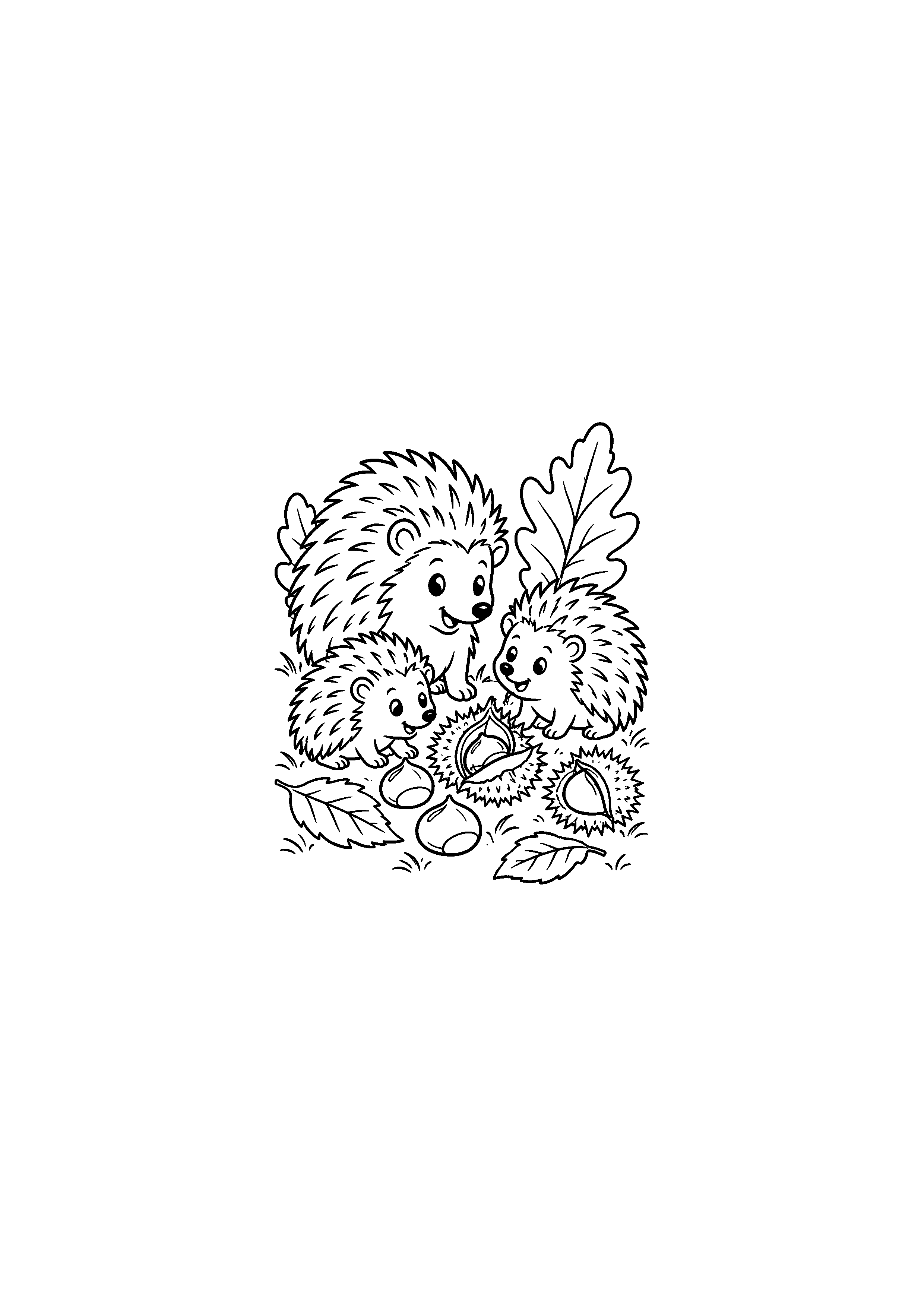Coloriage famille de hérissons près des châtaignes à imprimer